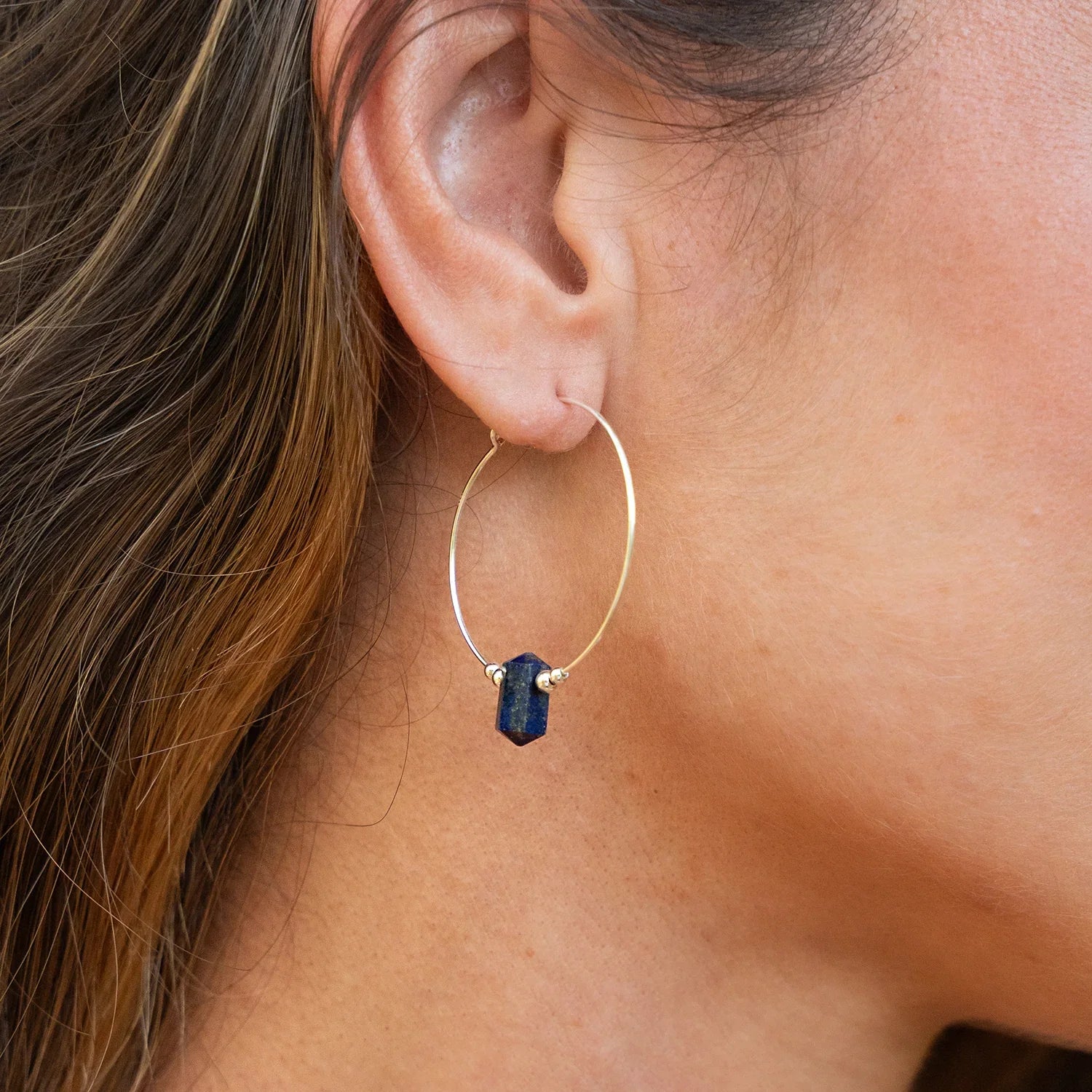 Large Hoop Lapis Lazuli Double Terminated Crystal Point Earrings