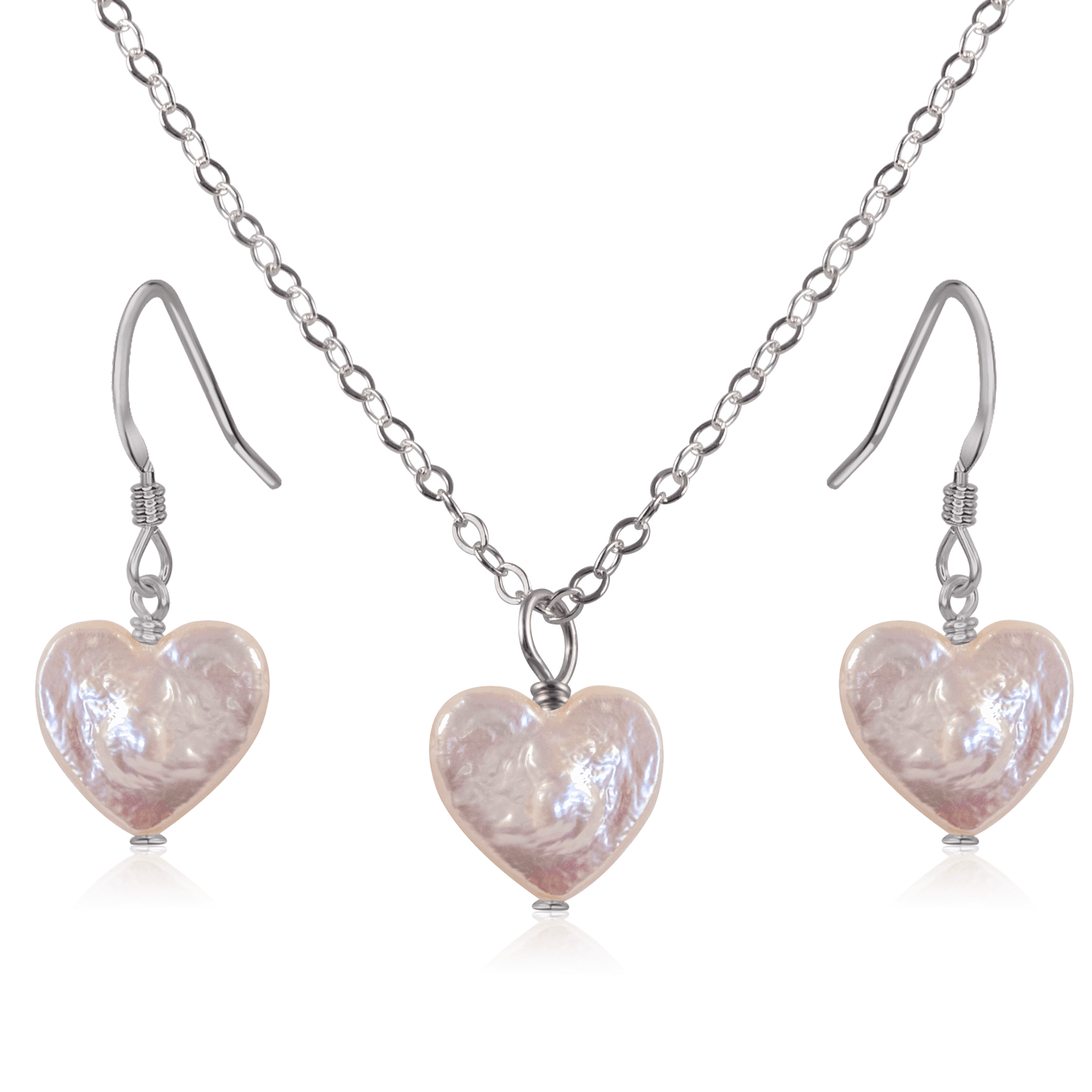 Freshwater Pearl Heart Jewellery Set - Freshwater Pearl Heart Jewellery Set - Stainless Steel / Cable / Necklace & Earrings - Luna Tide Handmade Crystal Jewellery