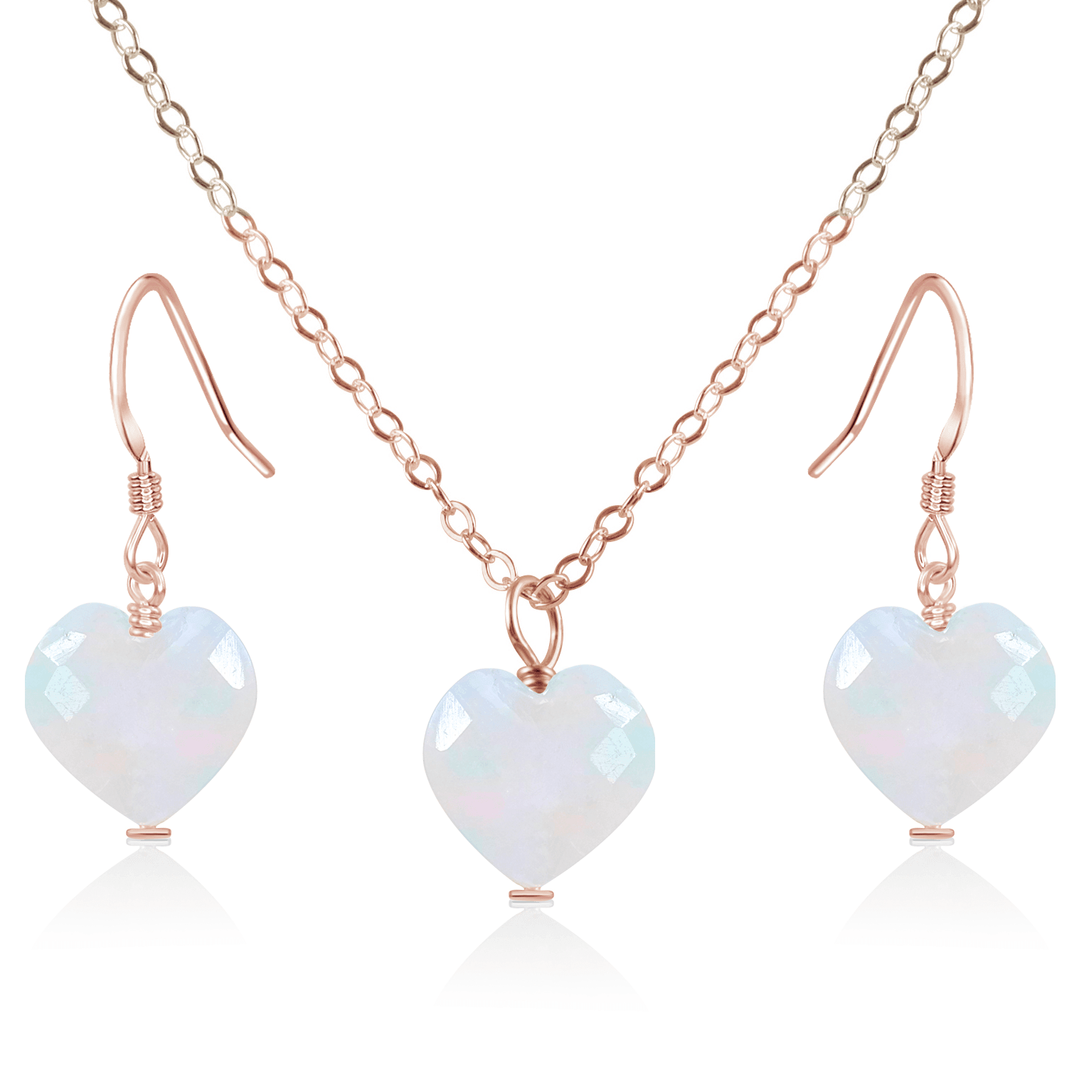 Rainbow Moonstone Crystal Heart Jewellery Set - Rainbow Moonstone Crystal Heart Jewellery Set - 14k Rose Gold Fill / Cable / Necklace & Earrings - Luna Tide Handmade Crystal Jewellery