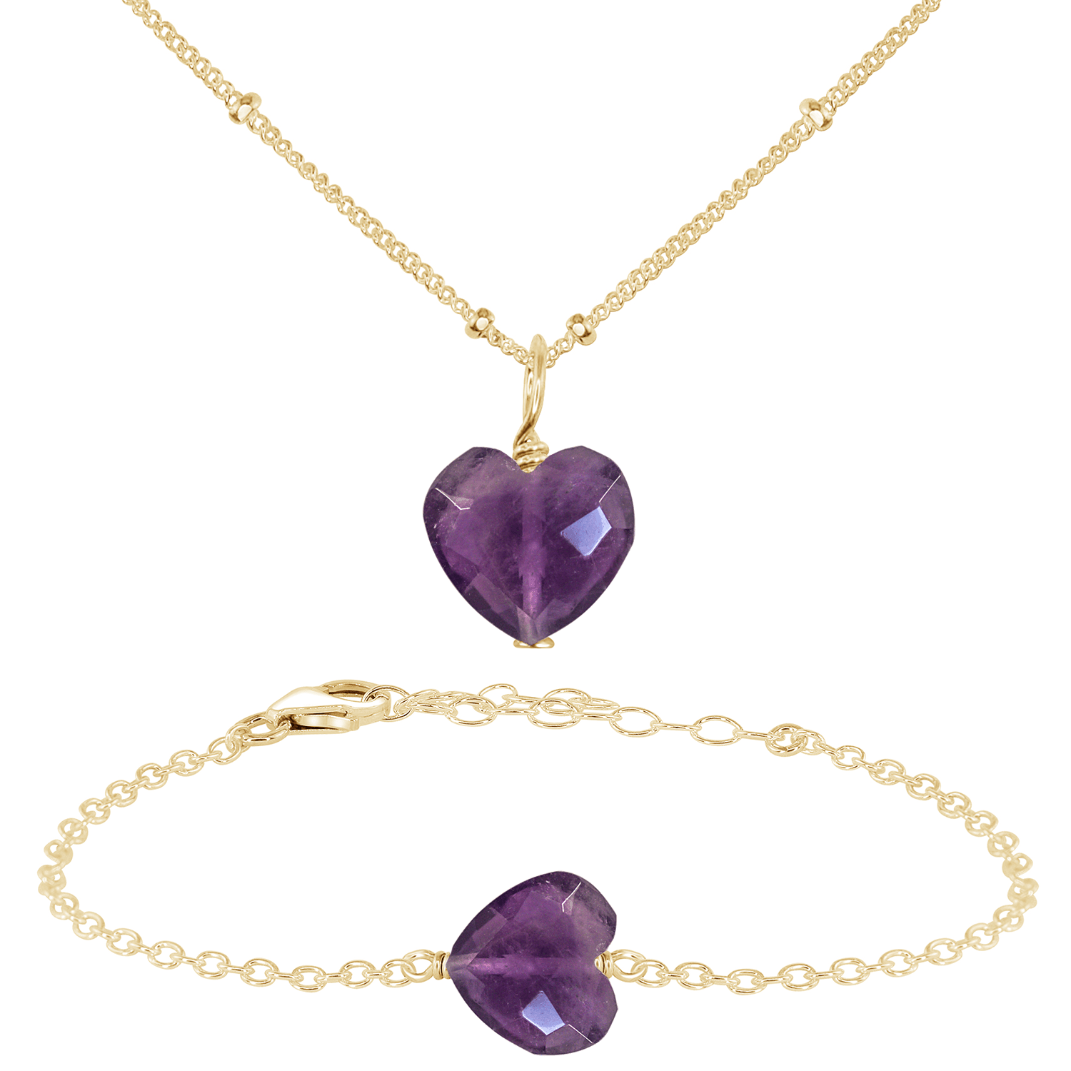 Amethyst Crystal Heart Jewellery Set - Amethyst Crystal Heart Jewellery Set - 14k Gold Fill / Satellite / Necklace & Bracelet - Luna Tide Handmade Crystal Jewellery
