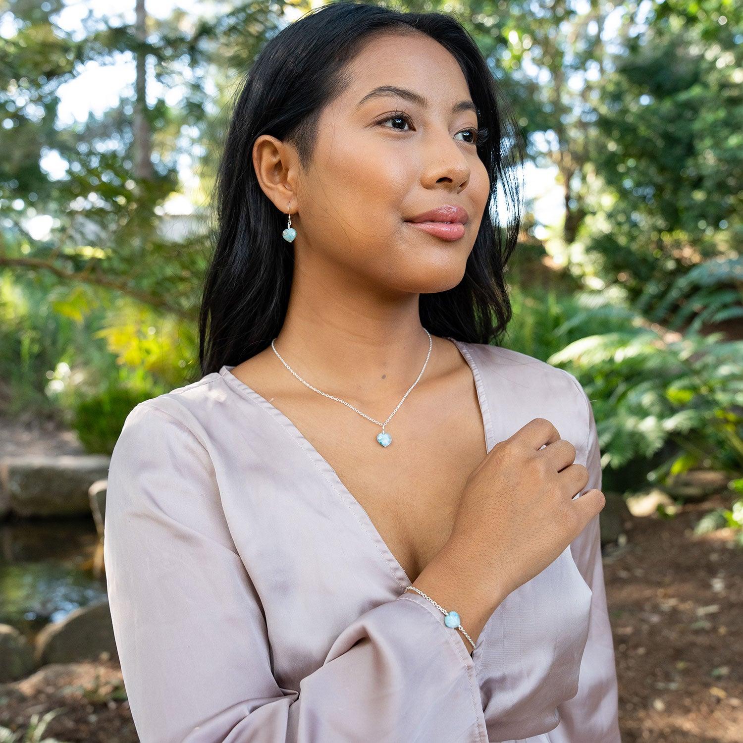 Larimar Crystal Heart Jewellery Set - Larimar Crystal Heart Jewellery Set - Sterling Silver / Cable / Necklace & Earrings & Bracelet - Luna Tide Handmade Crystal Jewellery