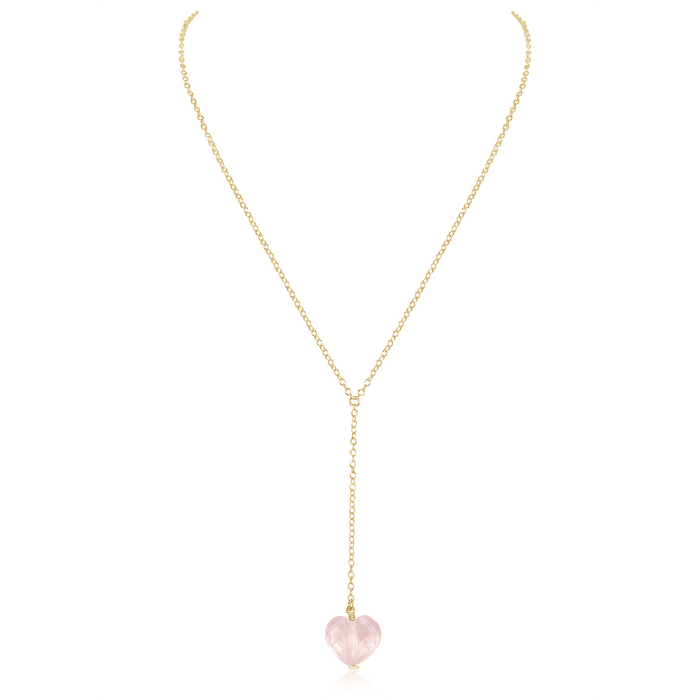 Rose Quartz Crystal Heart Lariat Necklace - Rose Quartz Crystal Heart Lariat Necklace - 14k Gold Fill - Luna Tide Handmade Crystal Jewellery