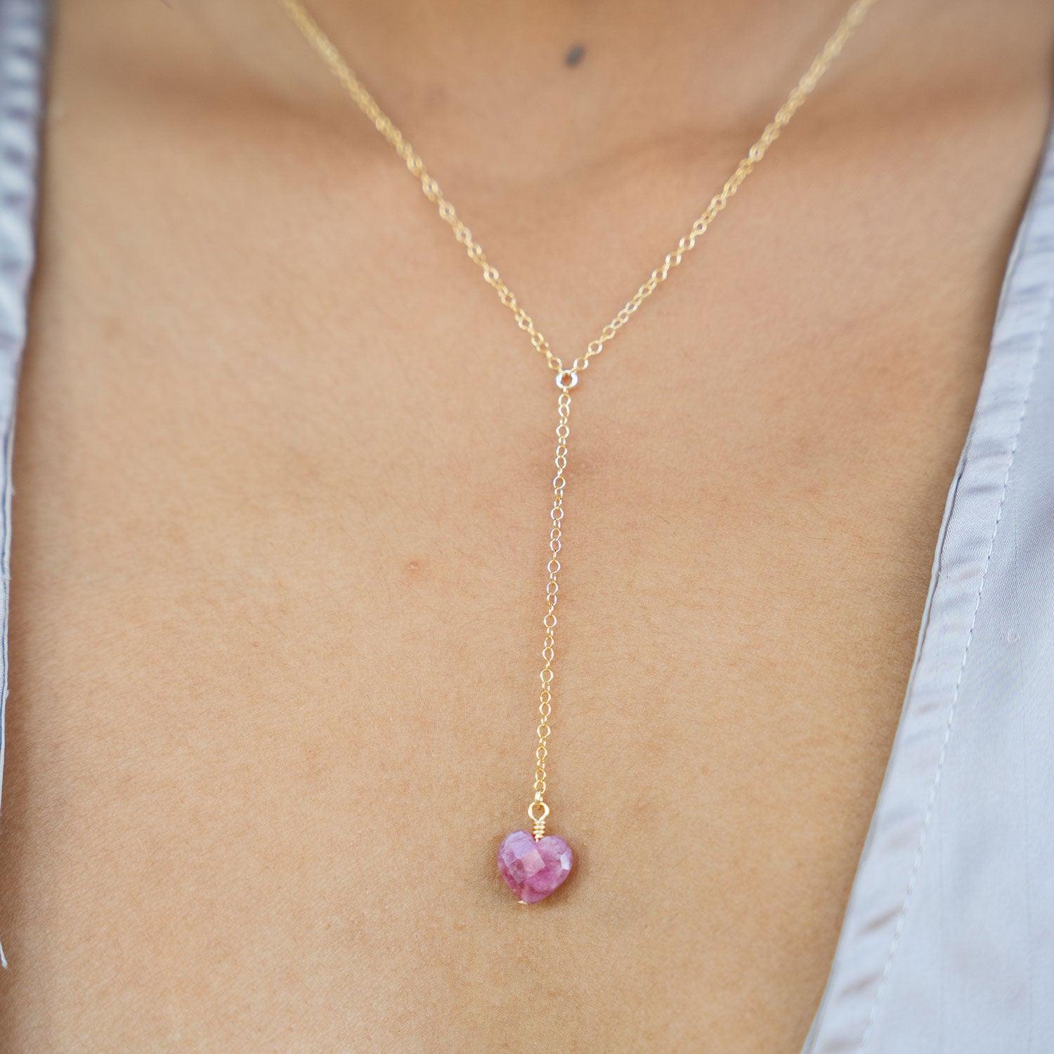 Ruby Crystal Heart Lariat Necklace - Ruby Crystal Heart Lariat Necklace - 14k Gold Fill - Luna Tide Handmade Crystal Jewellery