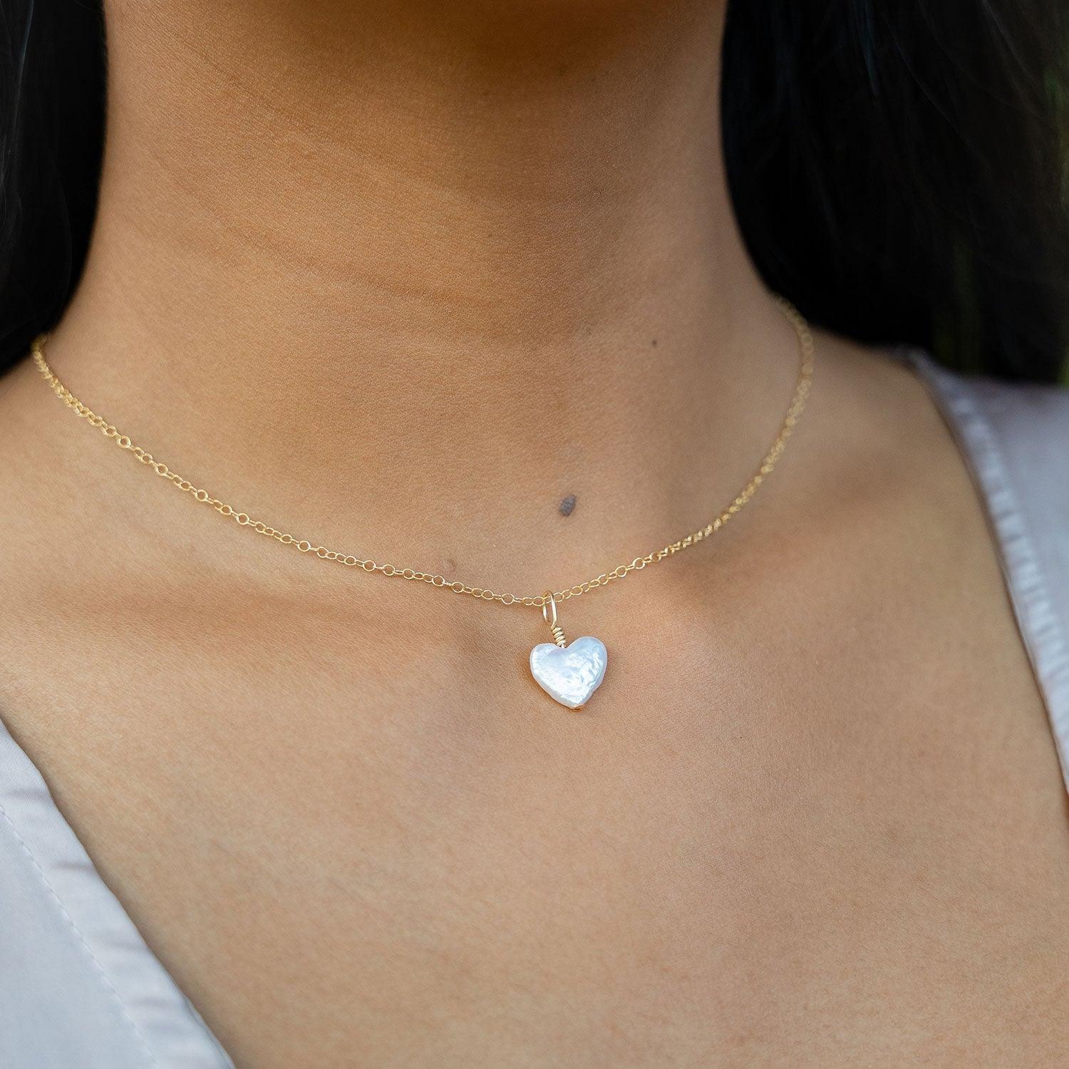 Freshwater Pearl Heart Pendant Necklace - Freshwater Pearl Heart Pendant Necklace - 14k Gold Fill / Cable - Luna Tide Handmade Crystal Jewellery