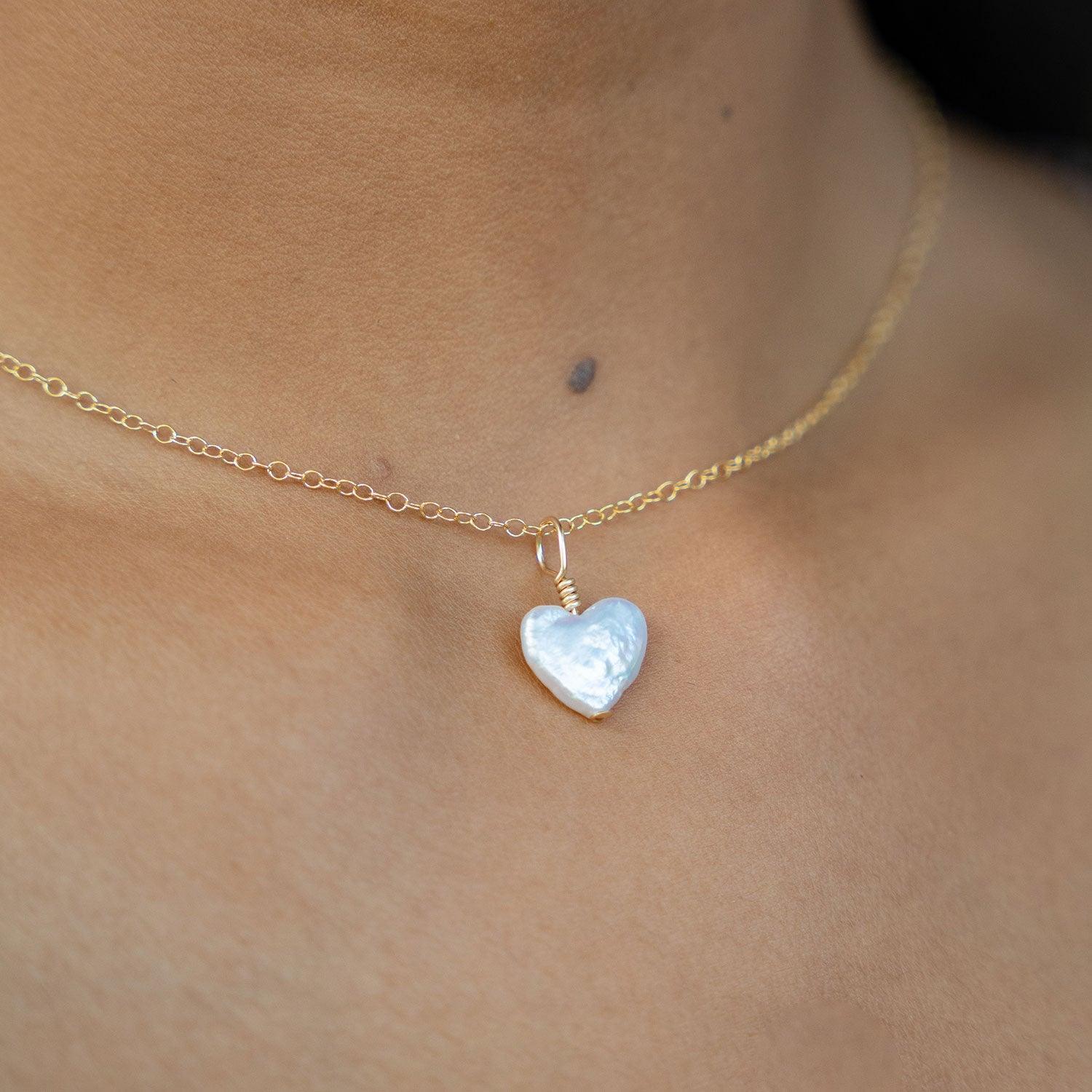 Freshwater Pearl Heart Pendant Necklace - Freshwater Pearl Heart Pendant Necklace - 14k Gold Fill / Cable - Luna Tide Handmade Crystal Jewellery