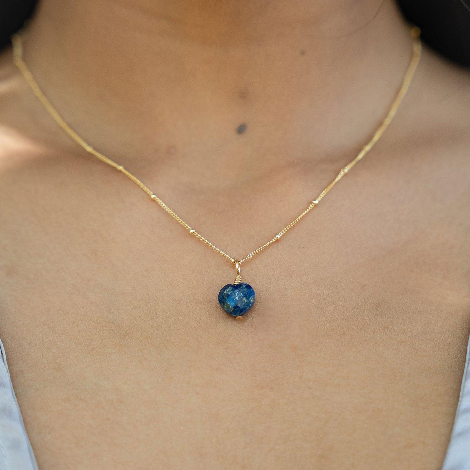 Lapis Lazuli Crystal Heart Pendant Necklace - Lapis Lazuli Crystal Heart Pendant Necklace - Sterling Silver / Cable - Luna Tide Handmade Crystal Jewellery
