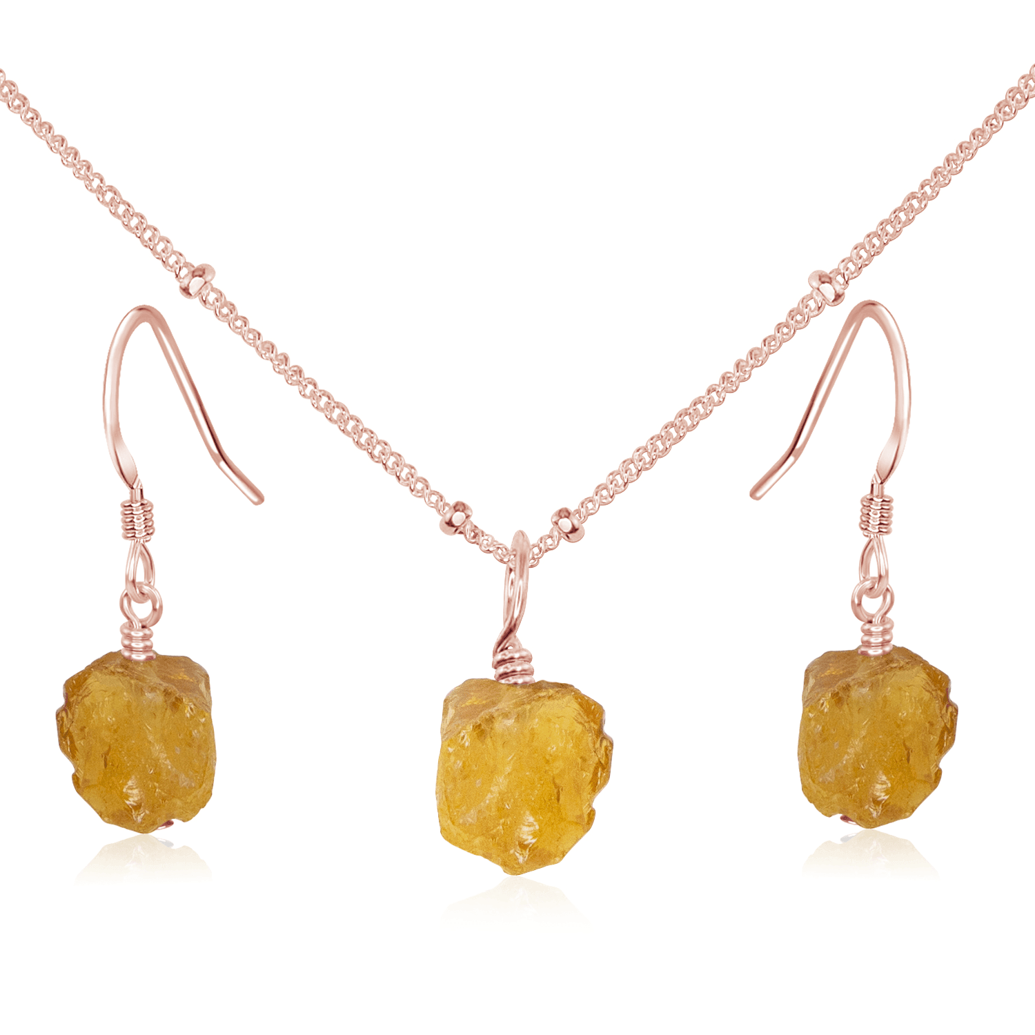 Raw Citrine Crystal Earrings & Necklace Set - Raw Citrine Crystal Earrings & Necklace Set - 14k Rose Gold Fill / Satellite - Luna Tide Handmade Crystal Jewellery