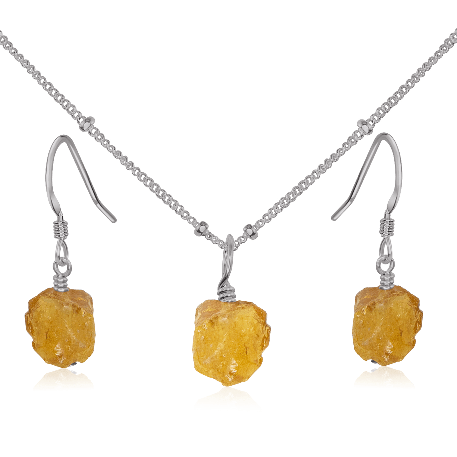 Raw Citrine Crystal Earrings & Necklace Set - Raw Citrine Crystal Earrings & Necklace Set - Stainless Steel / Satellite - Luna Tide Handmade Crystal Jewellery
