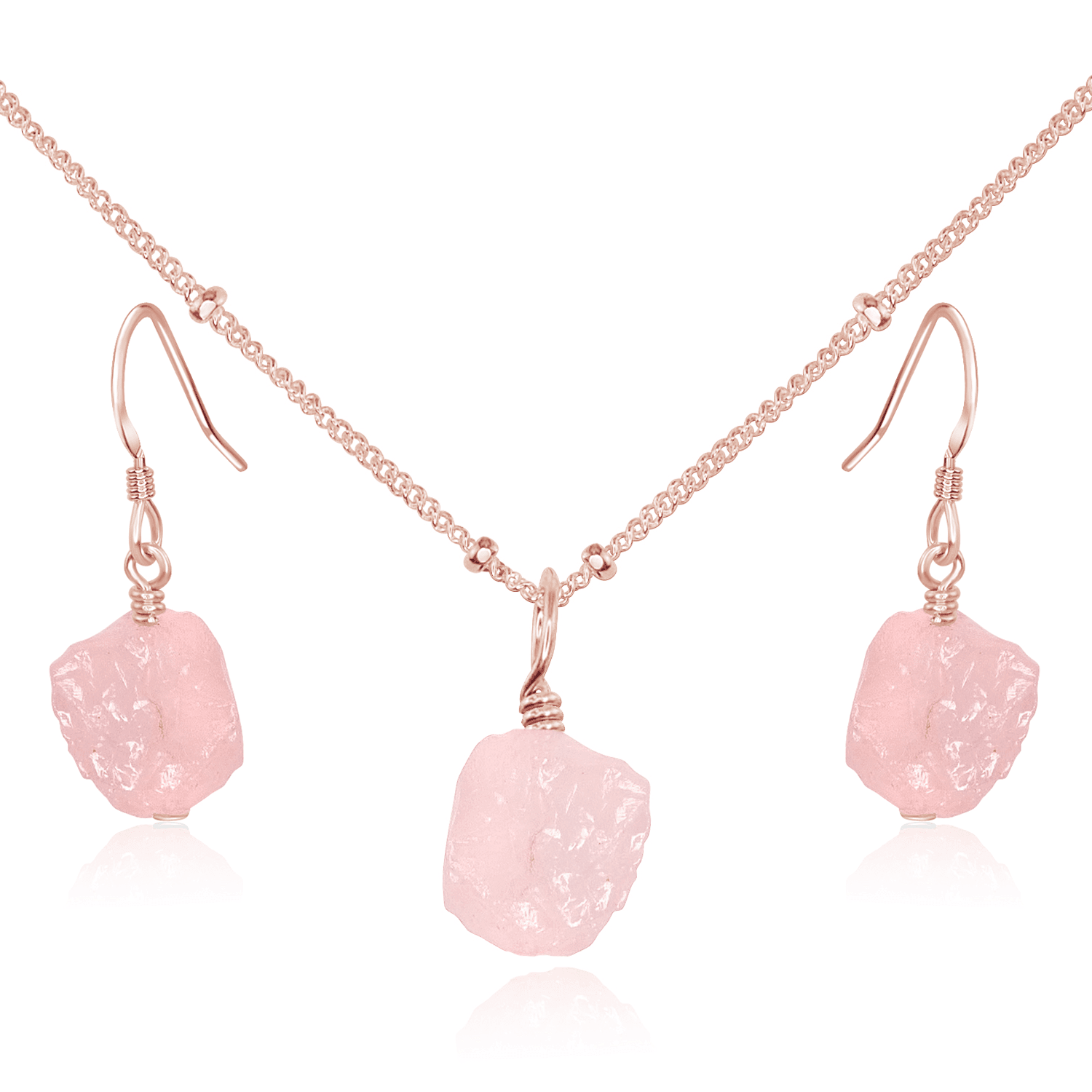 Raw Rose Quartz Crystal Earrings & Necklace Set - Raw Rose Quartz Crystal Earrings & Necklace Set - 14k Rose Gold Fill / Satellite - Luna Tide Handmade Crystal Jewellery