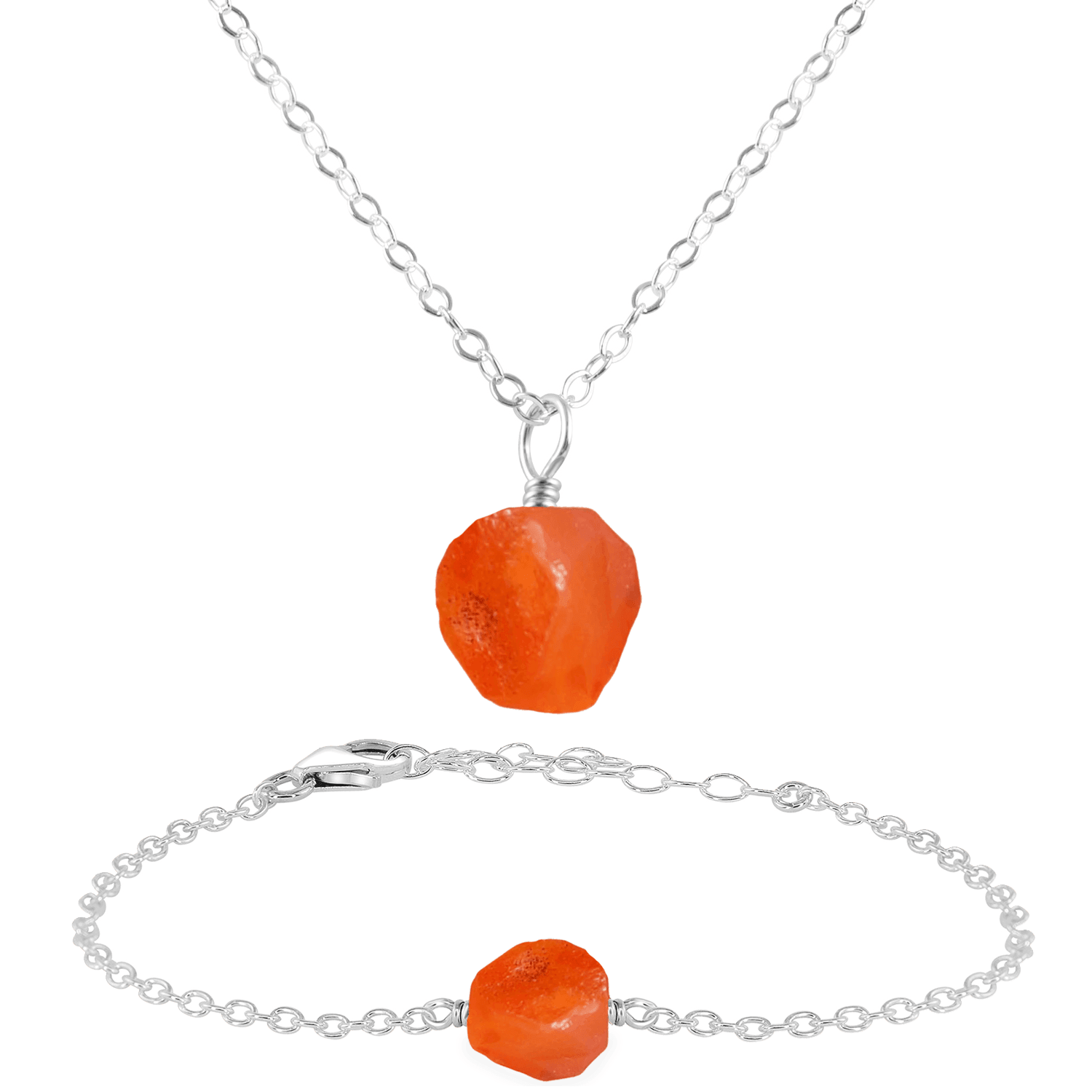 Raw Carnelian Crystal Jewellery Set - Raw Carnelian Crystal Jewellery Set - Sterling Silver / Cable / Necklace & Bracelet - Luna Tide Handmade Crystal Jewellery