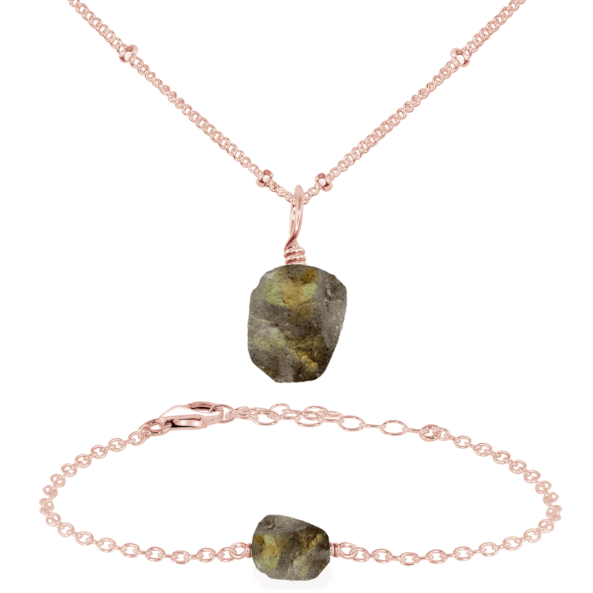 Raw Labradorite Crystal Jewellery Set - Raw Labradorite Crystal Jewellery Set - 14k Rose Gold Fill / Satellite / Necklace & Bracelet - Luna Tide Handmade Crystal Jewellery