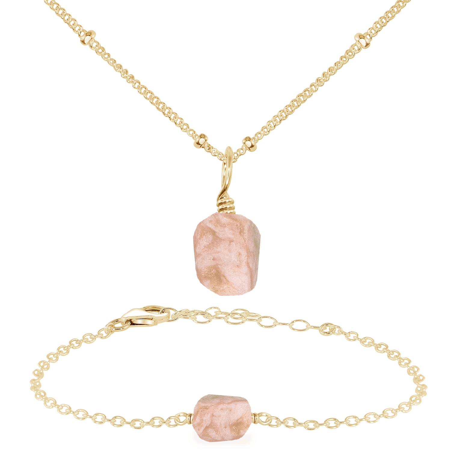 Raw Pink Peruvian Opal Crystal Jewellery Set - Raw Pink Peruvian Opal Crystal Jewellery Set - 14k Gold Fill / Satellite / Necklace & Bracelet - Luna Tide Handmade Crystal Jewellery
