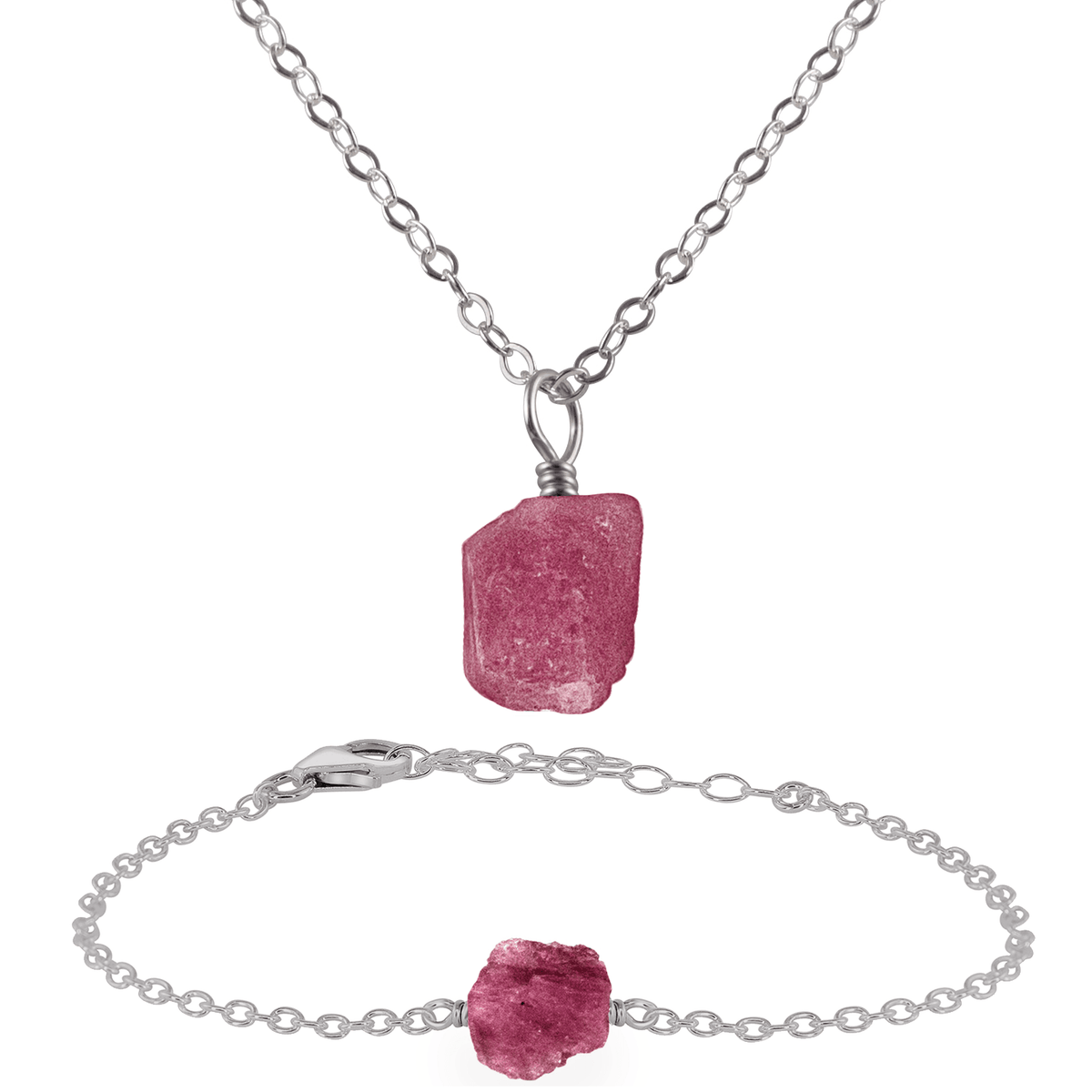 Raw Pink Tourmaline Crystal Jewellery Set - Raw Pink Tourmaline Crystal Jewellery Set - Stainless Steel / Cable / Necklace & Bracelet - Luna Tide Handmade Crystal Jewellery