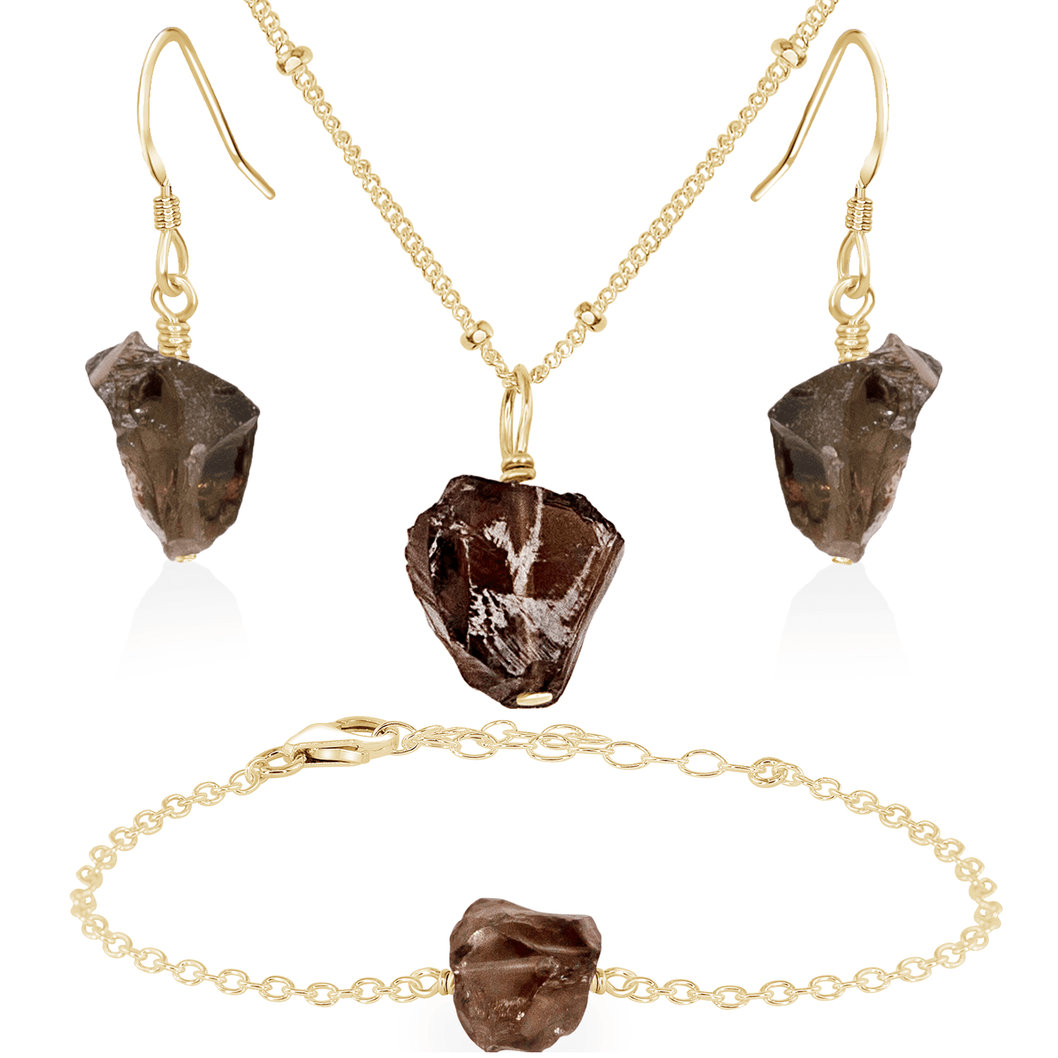 Raw Smoky Quartz Crystal Jewellery Set - Raw Smoky Quartz Crystal Jewellery Set - 14k Gold Fill / Satellite / Necklace & Earrings & Bracelet - Luna Tide Handmade Crystal Jewellery