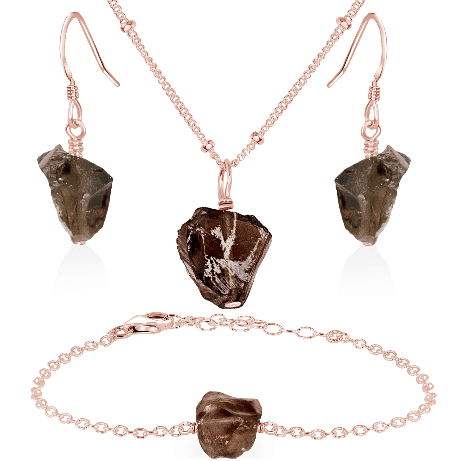 Raw Smoky Quartz Crystal Jewellery Set - Raw Smoky Quartz Crystal Jewellery Set - 14k Rose Gold Fill / Satellite / Necklace & Earrings & Bracelet - Luna Tide Handmade Crystal Jewellery