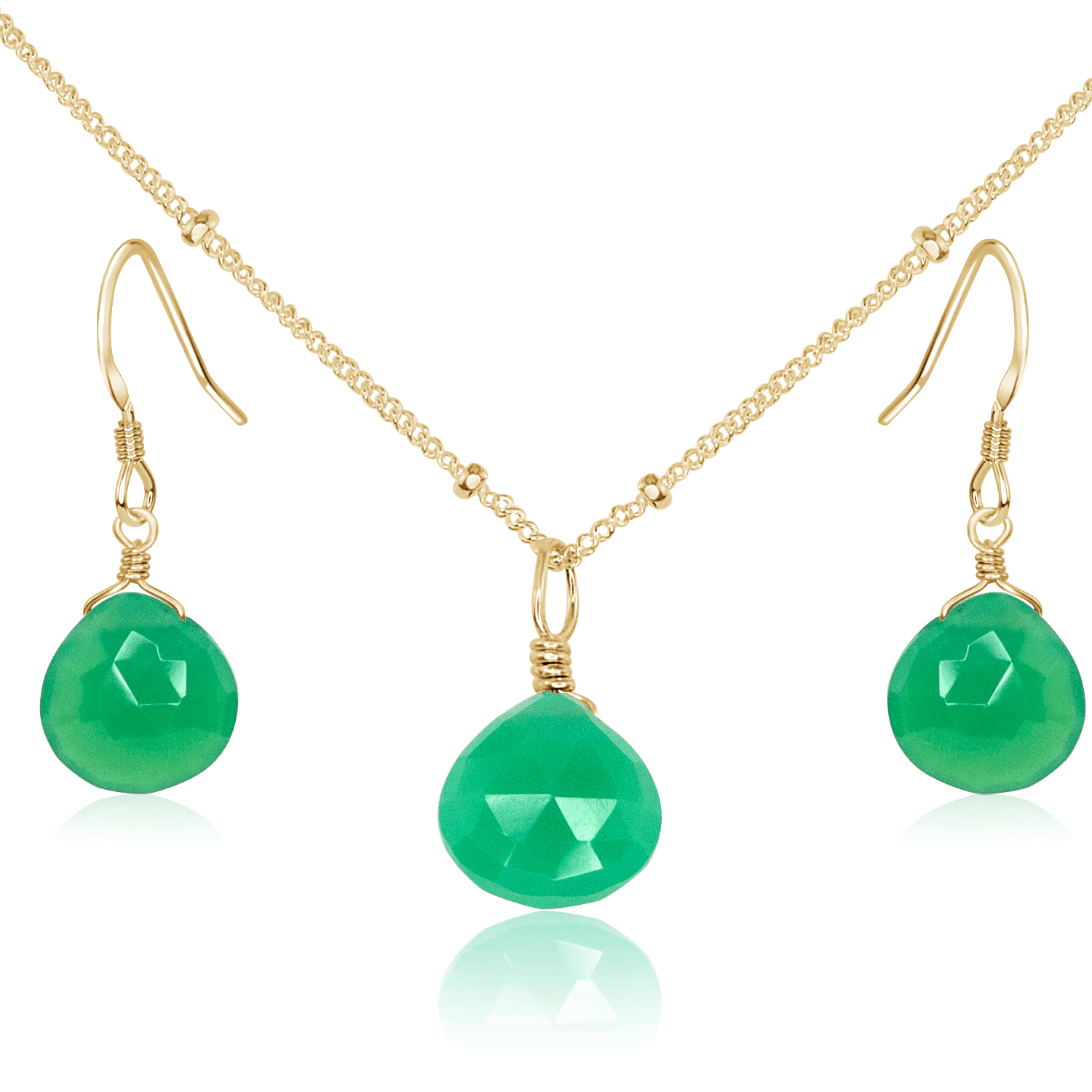 Chrysoprase Tiny Teardrop Earrings & Necklace Set - Chrysoprase Tiny Teardrop Earrings & Necklace Set - 14k Gold Fill / Satellite - Luna Tide Handmade Crystal Jewellery