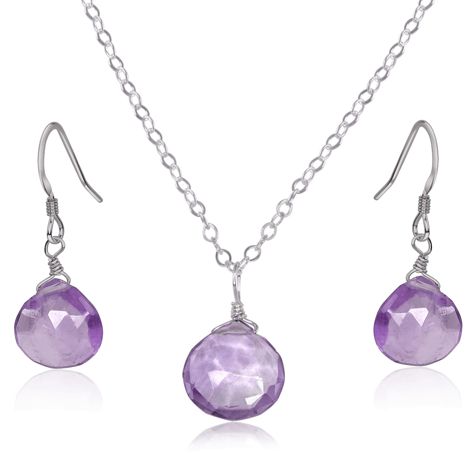 Pink Amethyst Tiny Teardrop Earrings & Necklace Set - Pink Amethyst Tiny Teardrop Earrings & Necklace Set - Stainless Steel / Cable - Luna Tide Handmade Crystal Jewellery