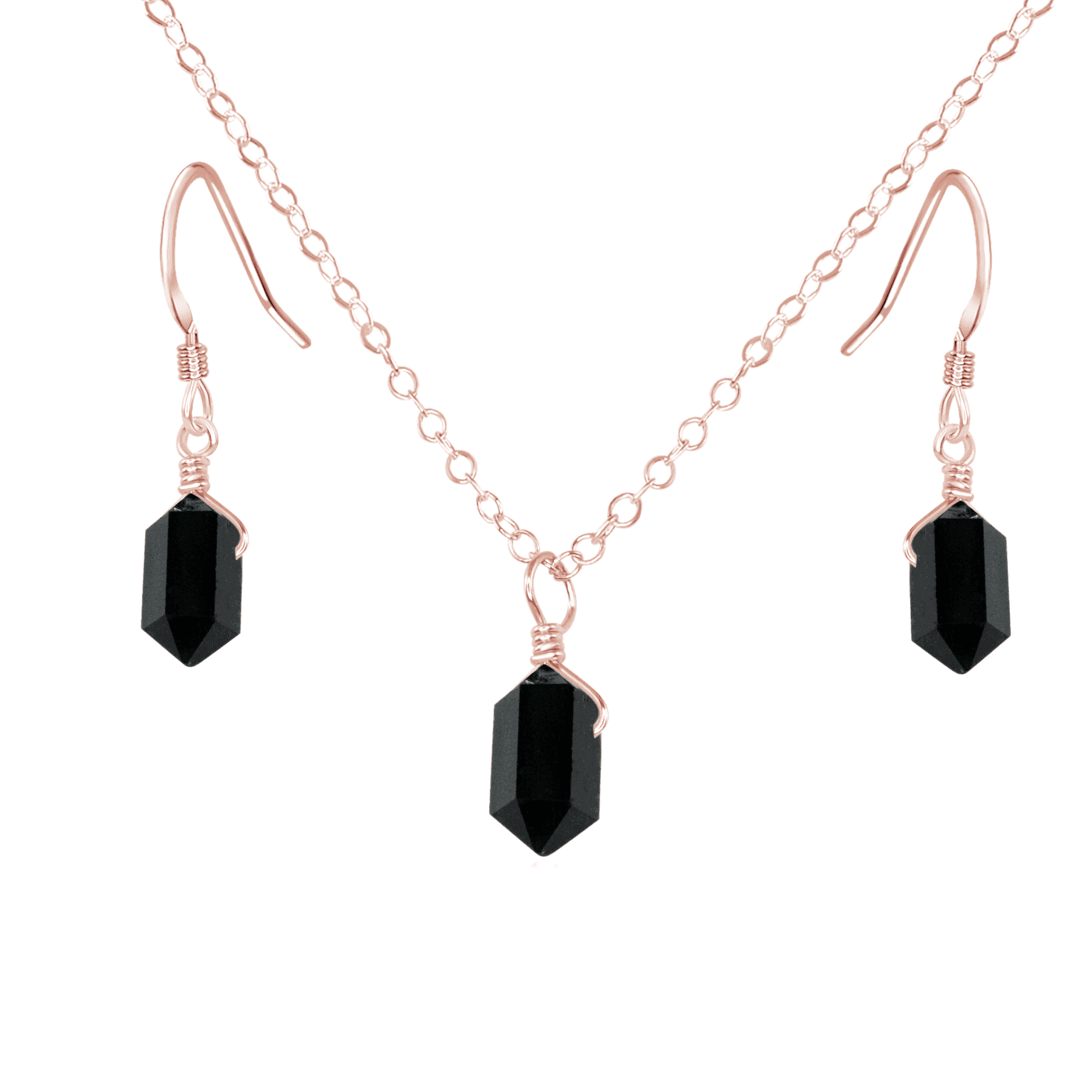 Black Tourmaline Mini Double Terminated Crystal Point Earrings & Necklace Set - Black Tourmaline Mini Double Terminated Crystal Point Earrings & Necklace Set - 14k Rose Gold Fill - Luna Tide Handmade Crystal Jewellery