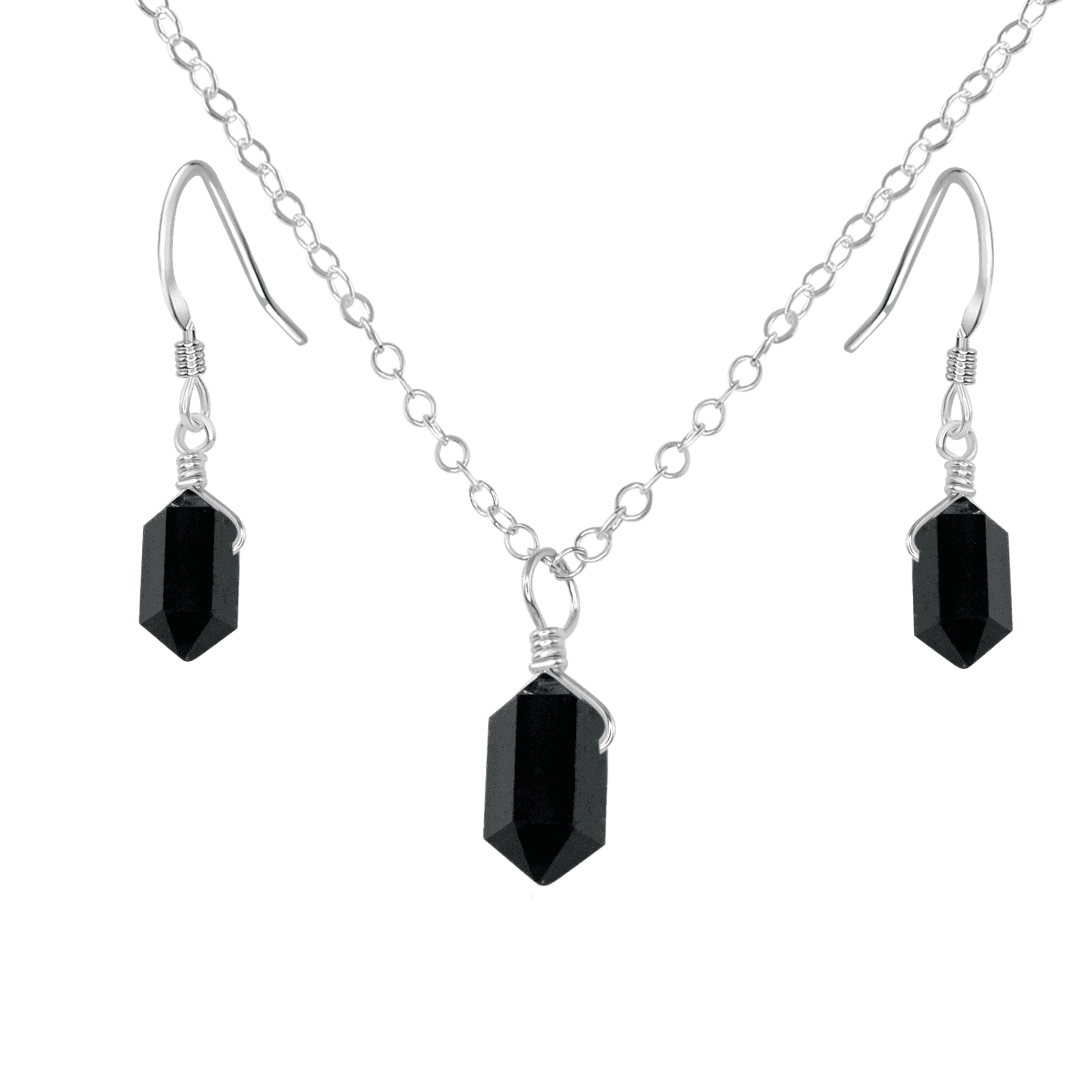 Black Tourmaline Mini Double Terminated Crystal Point Earrings & Necklace Set - Black Tourmaline Mini Double Terminated Crystal Point Earrings & Necklace Set - Sterling Silver - Luna Tide Handmade Crystal Jewellery