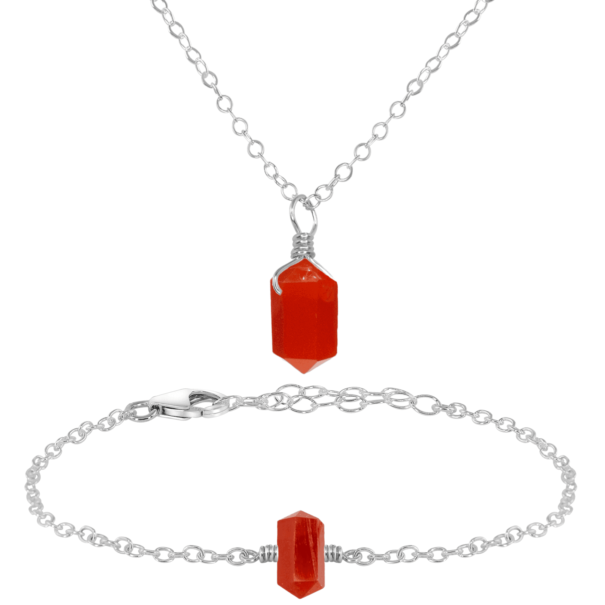 Carnelian Double Terminated Crystal Necklace & Bracelet Set - Carnelian Double Terminated Crystal Necklace & Bracelet Set - Sterling Silver - Luna Tide Handmade Crystal Jewellery