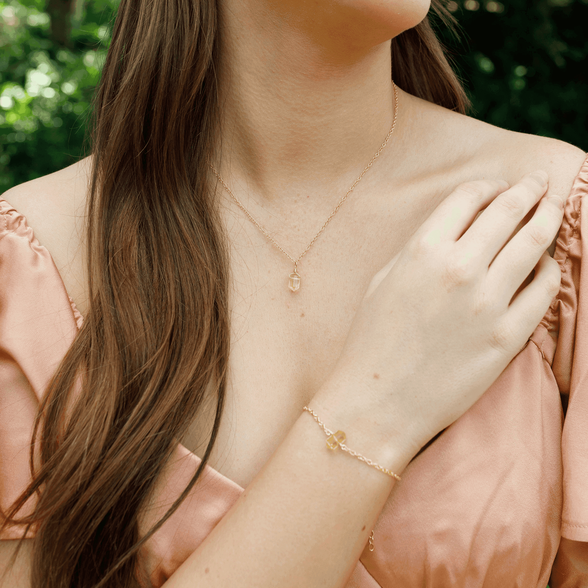 Citrine Double Terminated Crystal Necklace & Bracelet Set - Citrine Double Terminated Crystal Necklace & Bracelet Set - 14k Gold Fill - Luna Tide Handmade Crystal Jewellery