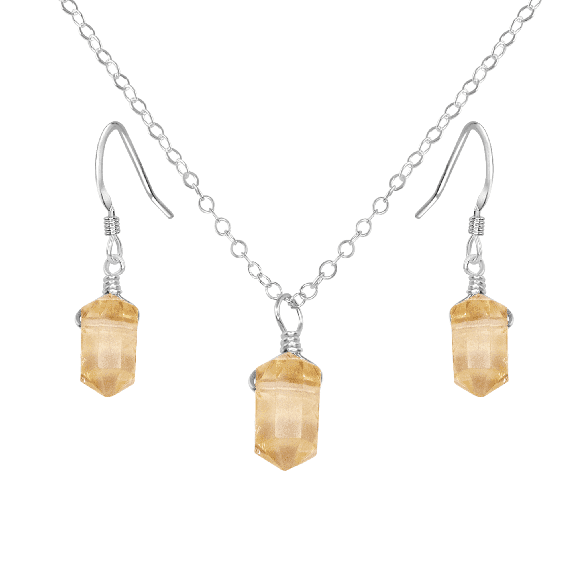 Citrine Mini Double Terminated Crystal Point Earrings & Necklace Set - Citrine Mini Double Terminated Crystal Point Earrings & Necklace Set - Sterling Silver - Luna Tide Handmade Crystal Jewellery