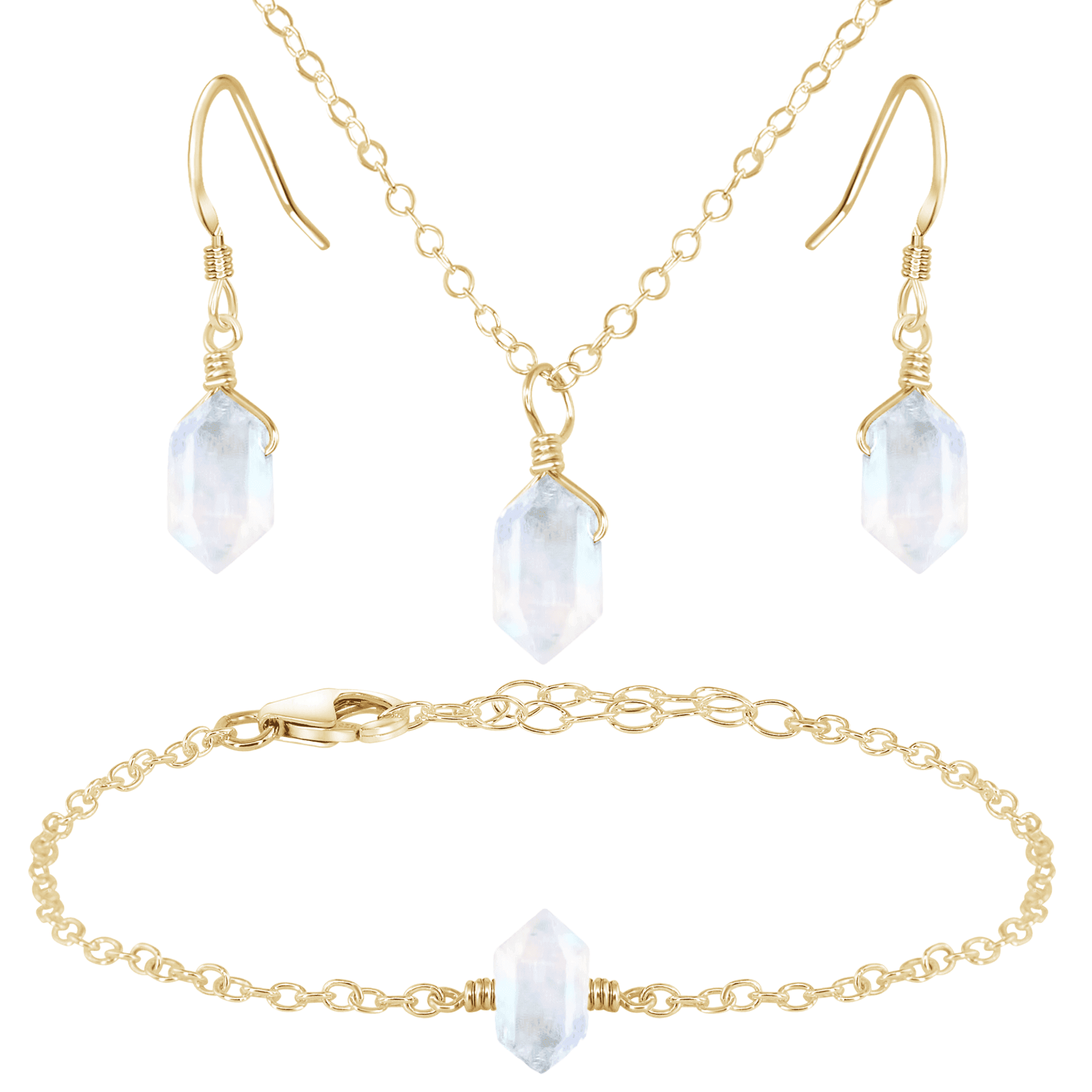 Rainbow Moonstone Double Terminated Crystal Earrings, Necklace & Bracelet Set - Rainbow Moonstone Double Terminated Crystal Earrings, Necklace & Bracelet Set - 14k Gold Fill - Luna Tide Handmade Crystal Jewellery