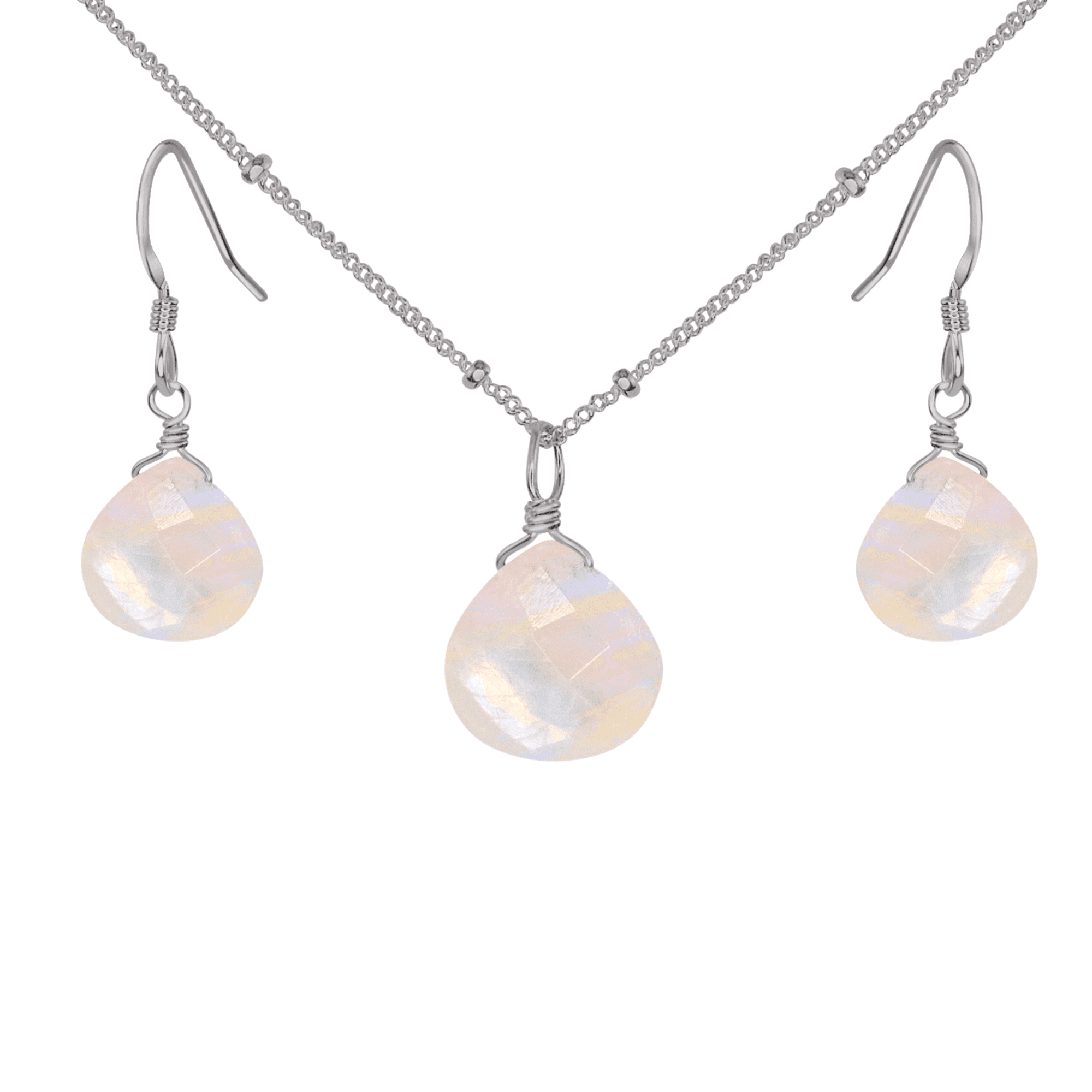Rainbow Moonstone Tiny Teardrop Earrings & Necklace Set - Rainbow Moonstone Tiny Teardrop Earrings & Necklace Set - Stainless Steel / Satellite - Luna Tide Handmade Crystal Jewellery