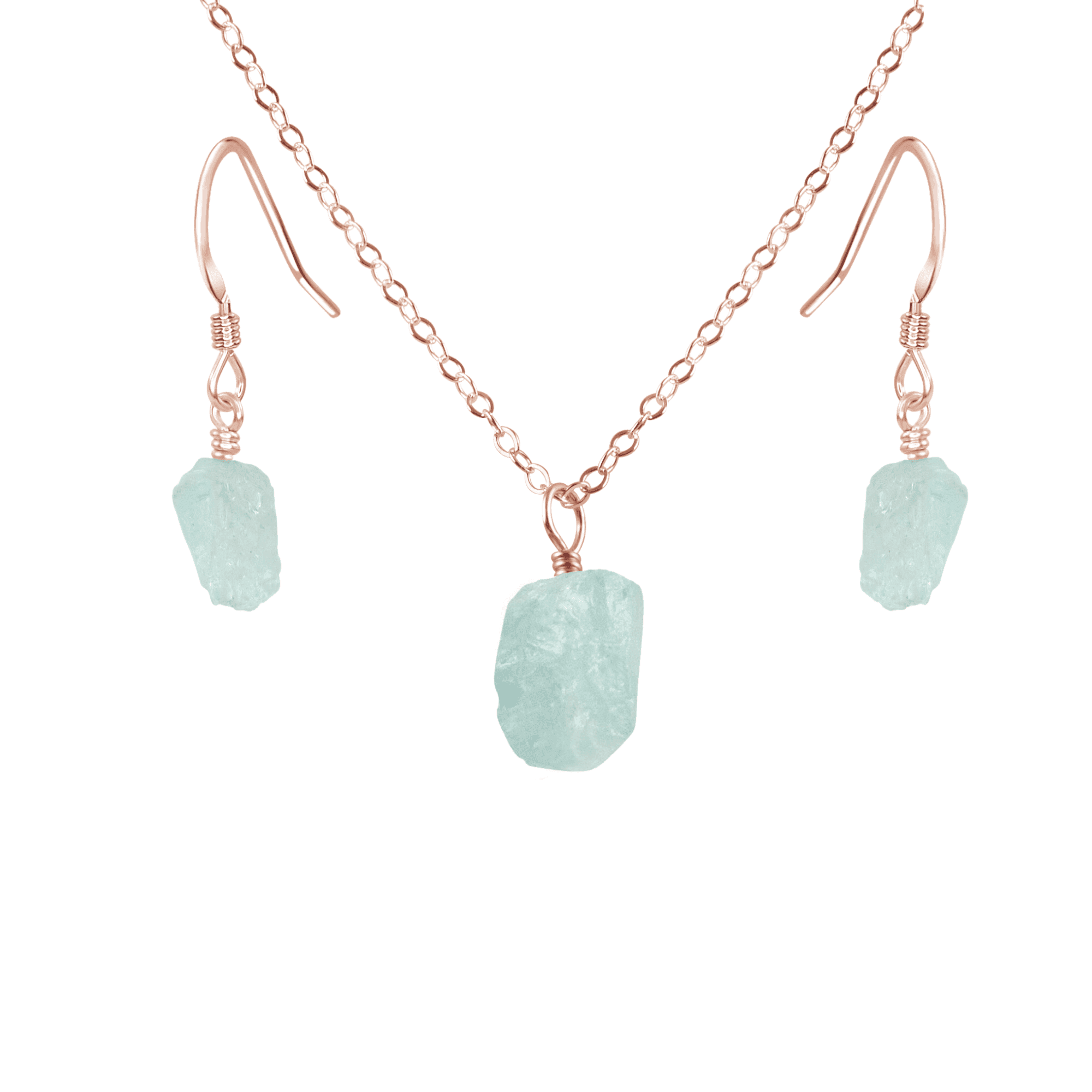 Raw Aquamarine Crystal Earrings & Necklace Set - Raw Aquamarine Crystal Earrings & Necklace Set - 14k Rose Gold Fill / Cable - Luna Tide Handmade Crystal Jewellery