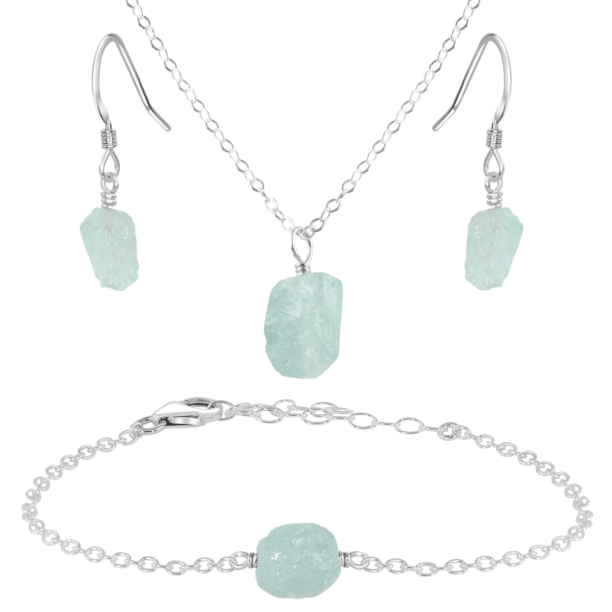 Raw Aquamarine Crystal Earrings, Necklace & Bracelet Set - Raw Aquamarine Crystal Earrings, Necklace & Bracelet Set - Sterling Silver - Luna Tide Handmade Crystal Jewellery