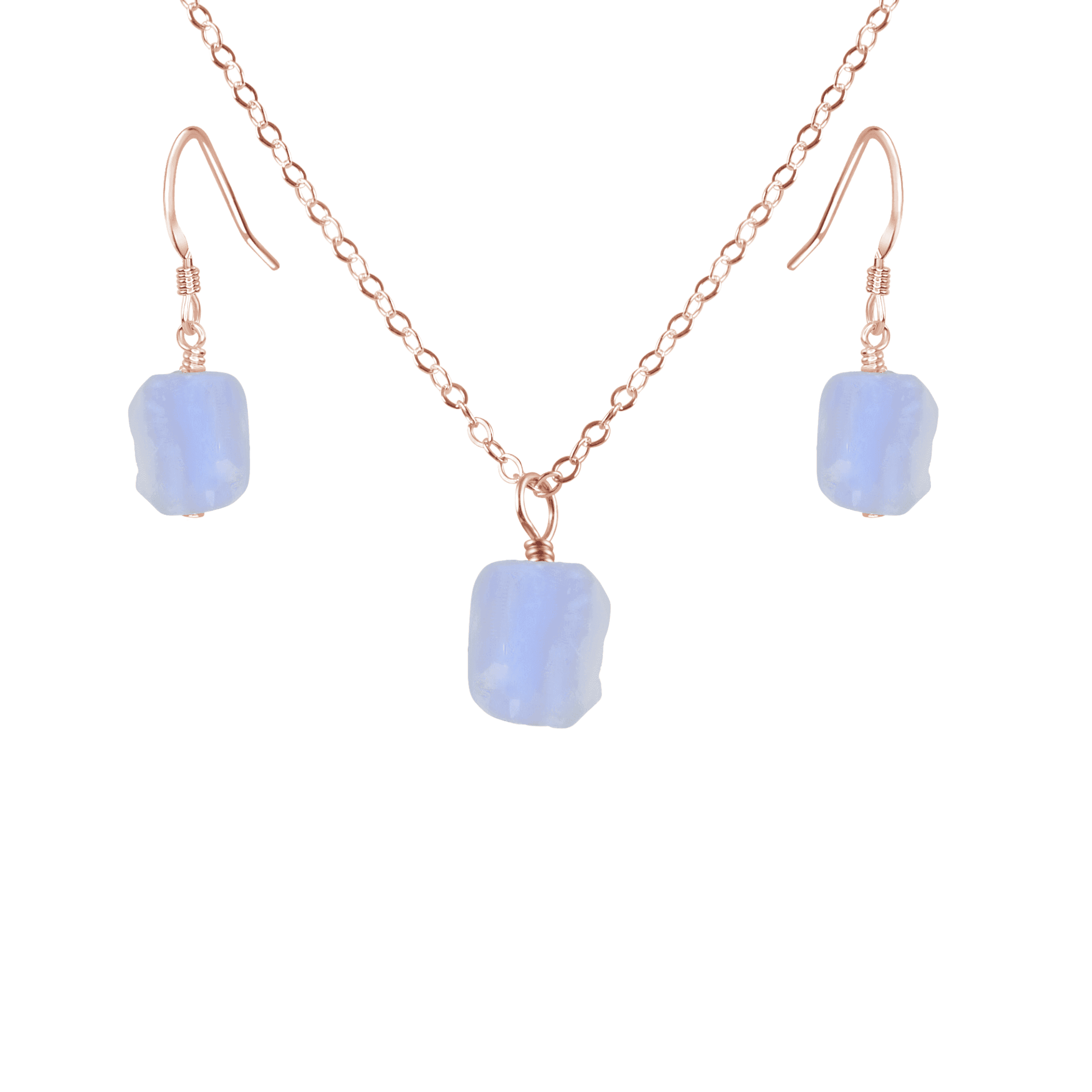 Raw Blue Lace Agate Crystal Earrings & Necklace Set - Raw Blue Lace Agate Crystal Earrings & Necklace Set - 14k Rose Gold Fill / Cable - Luna Tide Handmade Crystal Jewellery