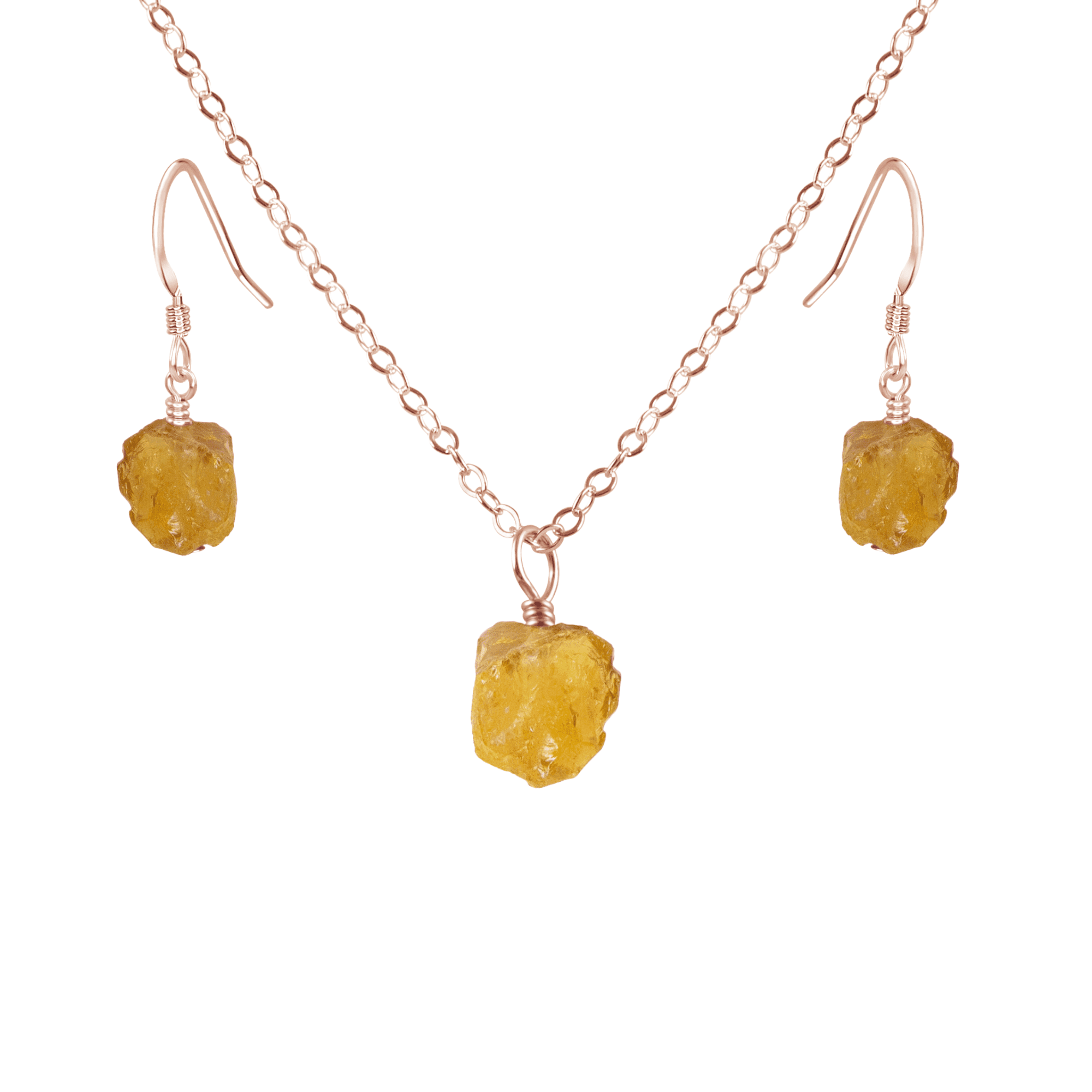 Raw Citrine Crystal Earrings & Necklace Set - Raw Citrine Crystal Earrings & Necklace Set - 14k Rose Gold Fill / Cable - Luna Tide Handmade Crystal Jewellery