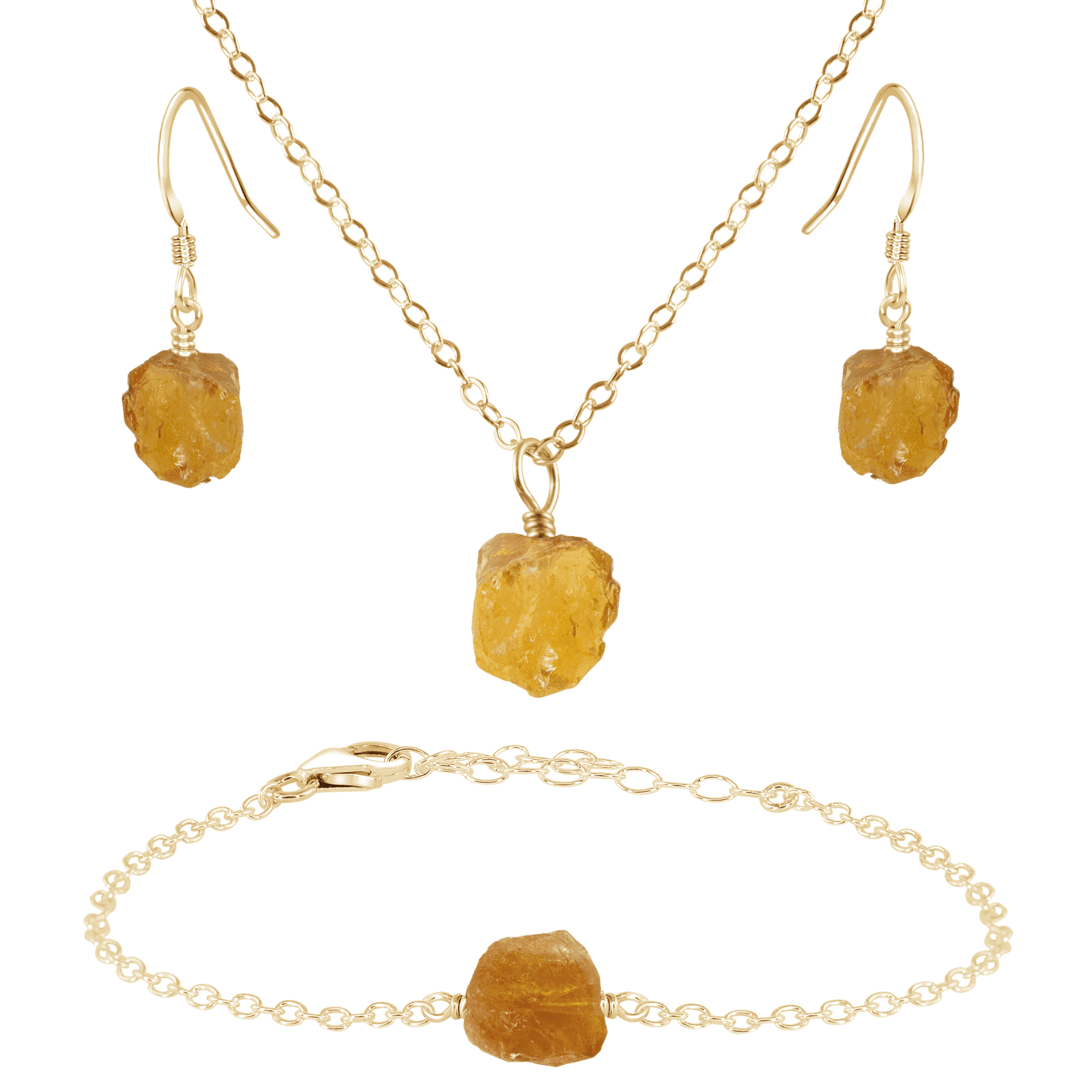 Raw Citrine Crystal Earrings, Necklace & Bracelet Set - Raw Citrine Crystal Earrings, Necklace & Bracelet Set - 14k Gold Fill - Luna Tide Handmade Crystal Jewellery
