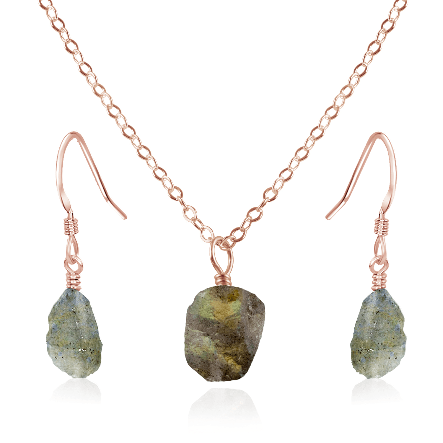 Raw Labradorite Crystal Jewellery Set - Raw Labradorite Crystal Jewellery Set - 14k Rose Gold Fill / Cable / Necklace & Earrings - Luna Tide Handmade Crystal Jewellery