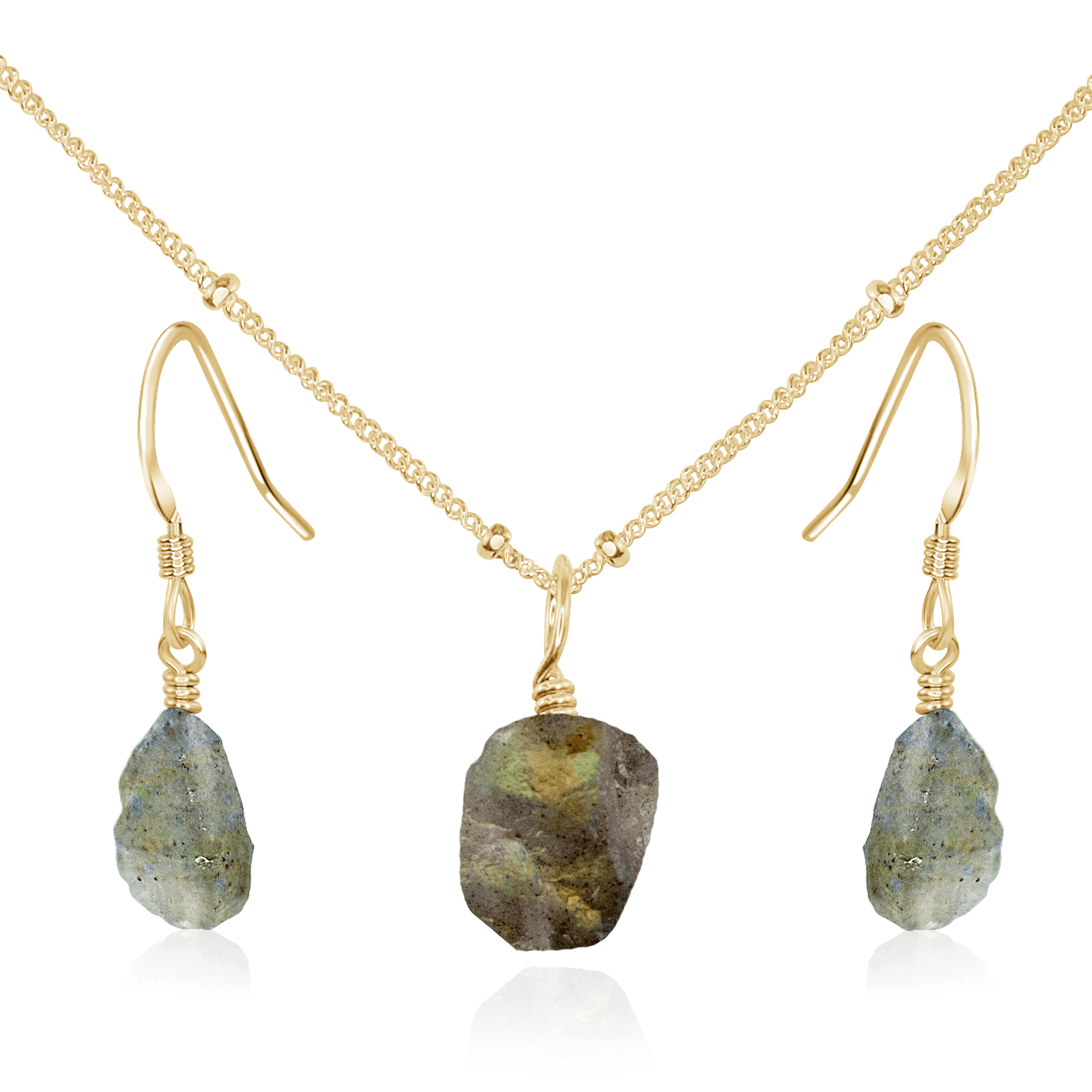 Raw Labradorite Crystal Jewellery Set - Raw Labradorite Crystal Jewellery Set - 14k Gold Fill / Satellite / Necklace & Earrings - Luna Tide Handmade Crystal Jewellery