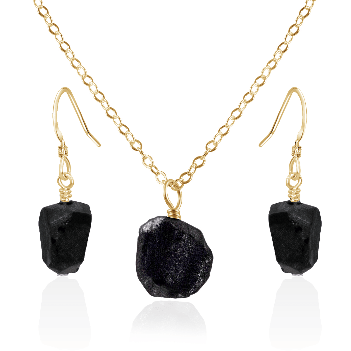 Raw Obsidian Crystal Jewellery Set - Raw Obsidian Crystal Jewellery Set - 14k Gold Fill / Cable / Necklace & Earrings - Luna Tide Handmade Crystal Jewellery