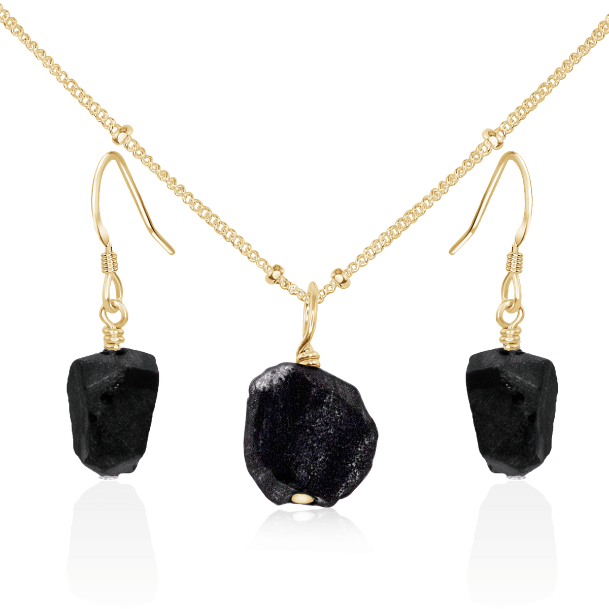 Raw Obsidian Crystal Jewellery Set - Raw Obsidian Crystal Jewellery Set - 14k Gold Fill / Satellite / Necklace & Earrings - Luna Tide Handmade Crystal Jewellery