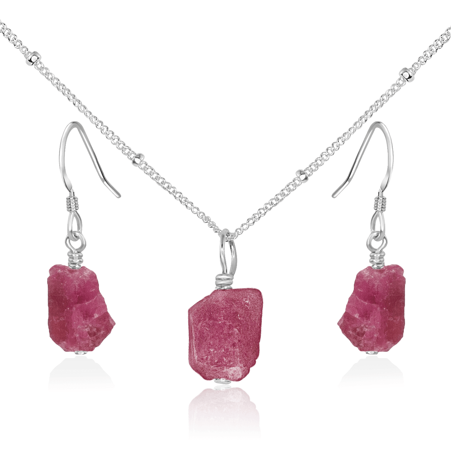 Raw Pink Tourmaline Crystal Jewellery Set - Raw Pink Tourmaline Crystal Jewellery Set - Sterling Silver / Satellite / Necklace & Earrings - Luna Tide Handmade Crystal Jewellery