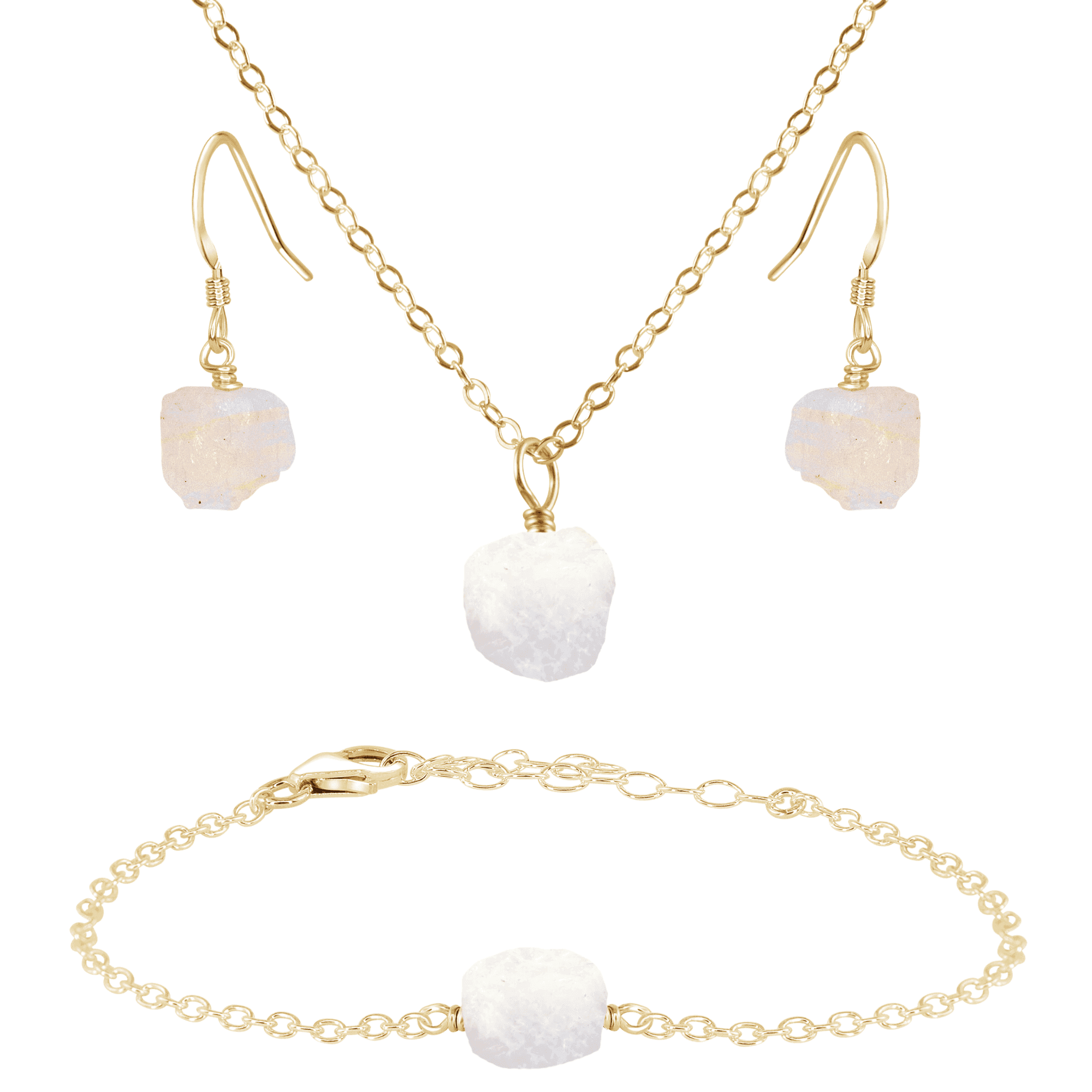 Raw Rainbow Moonstone Crystal Earrings, Necklace & Bracelet Set - Raw Rainbow Moonstone Crystal Earrings, Necklace & Bracelet Set - 14k Gold Fill - Luna Tide Handmade Crystal Jewellery