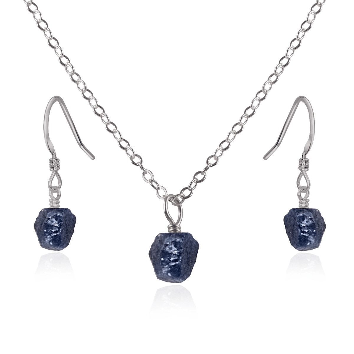 Raw Sapphire Crystal Jewellery Set - Raw Sapphire Crystal Jewellery Set - Stainless Steel / Cable / Necklace & Earrings - Luna Tide Handmade Crystal Jewellery