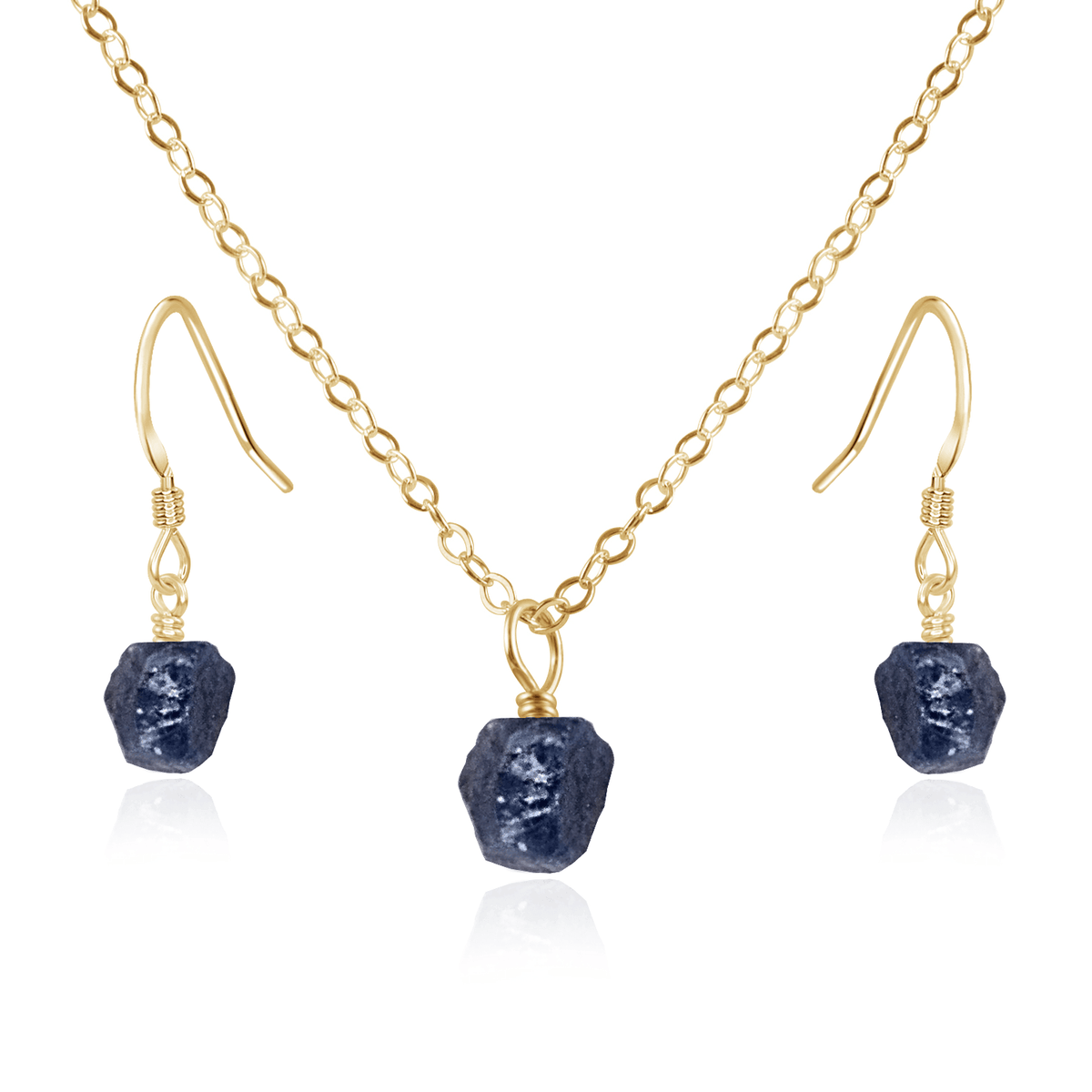 Raw Sapphire Crystal Jewellery Set - Raw Sapphire Crystal Jewellery Set - 14k Gold Fill / Cable / Necklace & Earrings - Luna Tide Handmade Crystal Jewellery