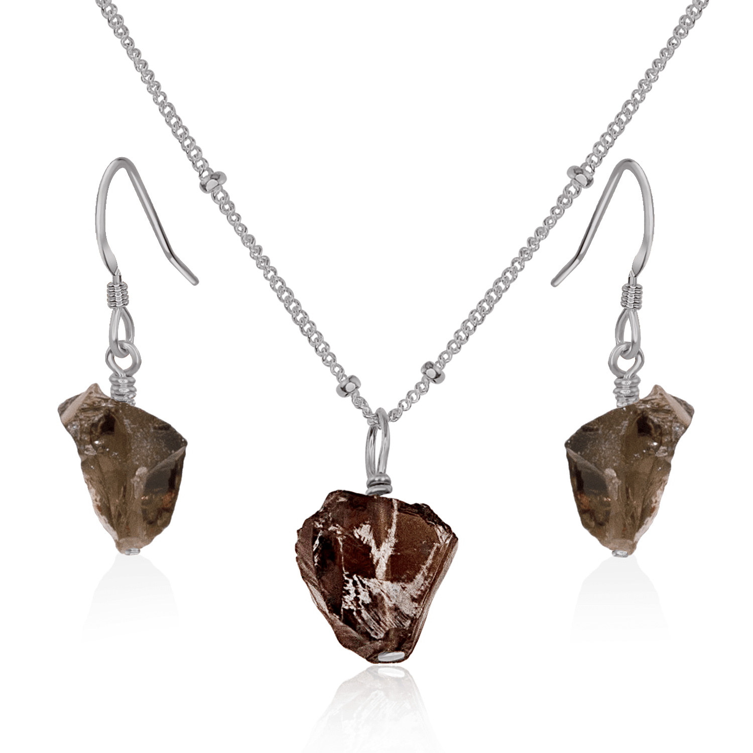 Raw Smoky Quartz Crystal Jewellery Set - Raw Smoky Quartz Crystal Jewellery Set - Stainless Steel / Satellite / Necklace & Earrings - Luna Tide Handmade Crystal Jewellery