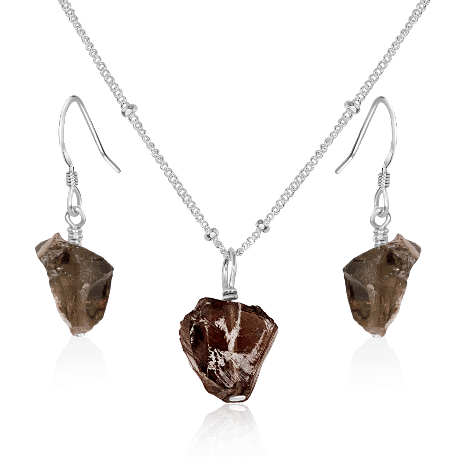 Raw Smoky Quartz Crystal Jewellery Set - Raw Smoky Quartz Crystal Jewellery Set - Sterling Silver / Satellite / Necklace & Earrings - Luna Tide Handmade Crystal Jewellery