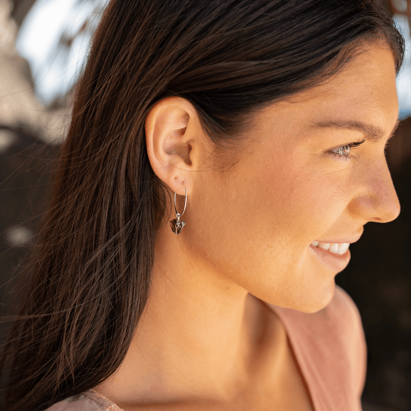 Raw Smoky Quartz Gemstone Dangle Hoop Earrings - Raw Smoky Quartz Gemstone Dangle Hoop Earrings - Sterling Silver - Luna Tide Handmade Crystal Jewellery