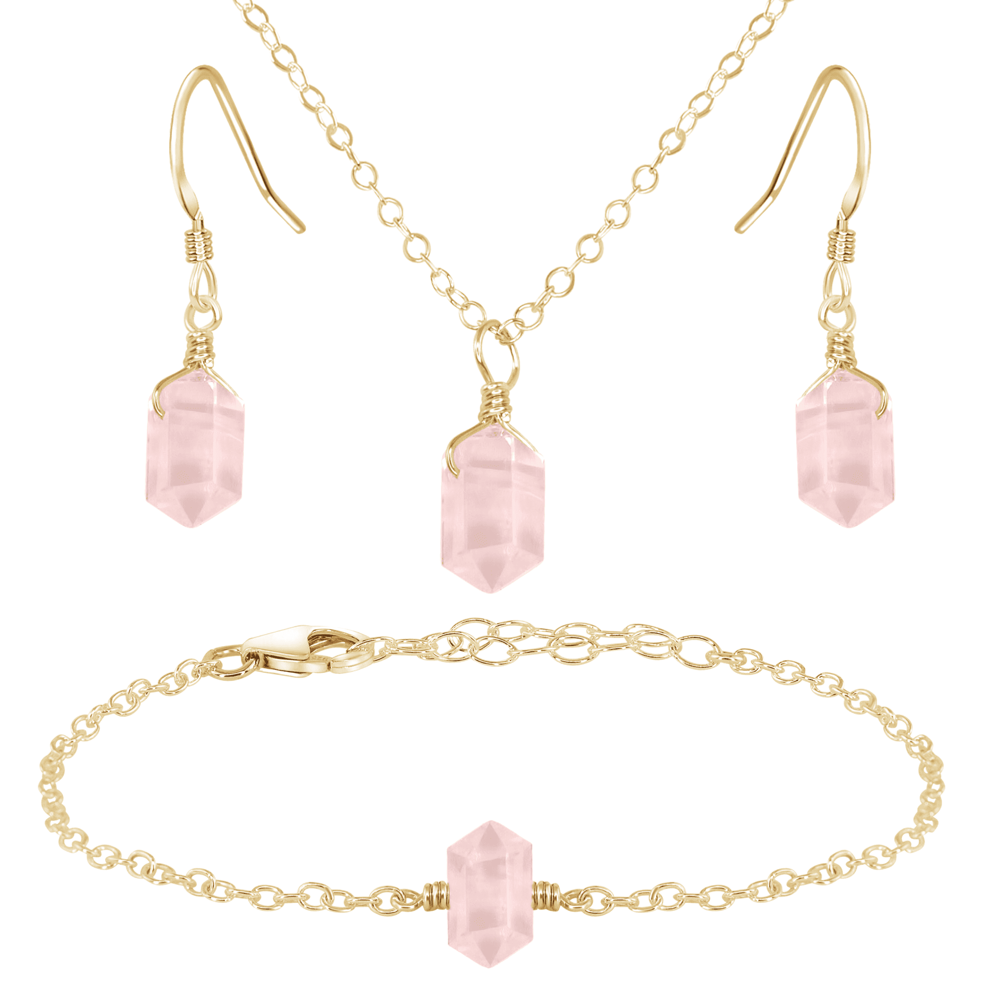 Rose Quartz Double Terminated Crystal Earrings, Necklace & Bracelet Set - Rose Quartz Double Terminated Crystal Earrings, Necklace & Bracelet Set - 14k Gold Fill - Luna Tide Handmade Crystal Jewellery