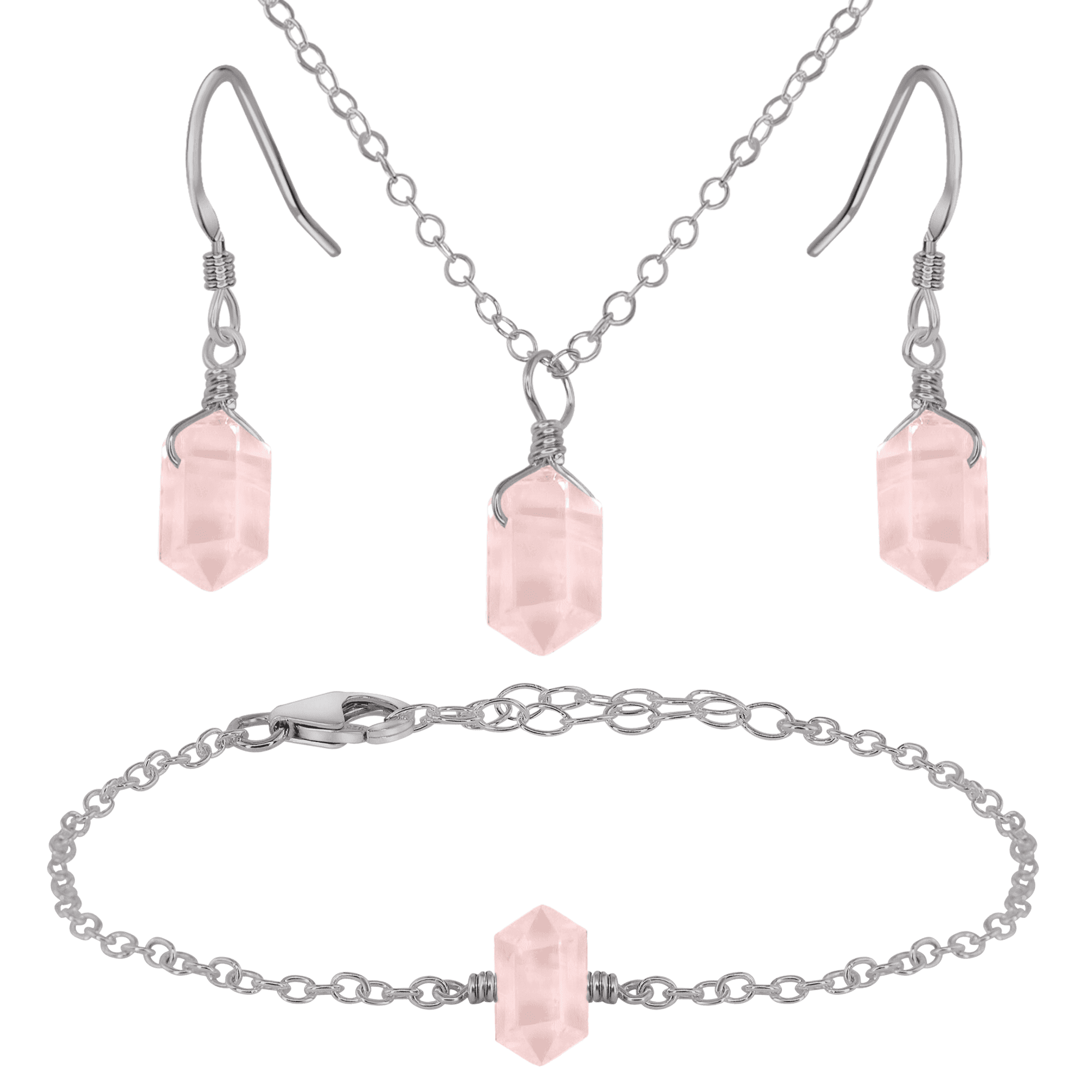 Rose Quartz Double Terminated Crystal Earrings, Necklace & Bracelet Set - Rose Quartz Double Terminated Crystal Earrings, Necklace & Bracelet Set - Stainless Steel - Luna Tide Handmade Crystal Jewellery