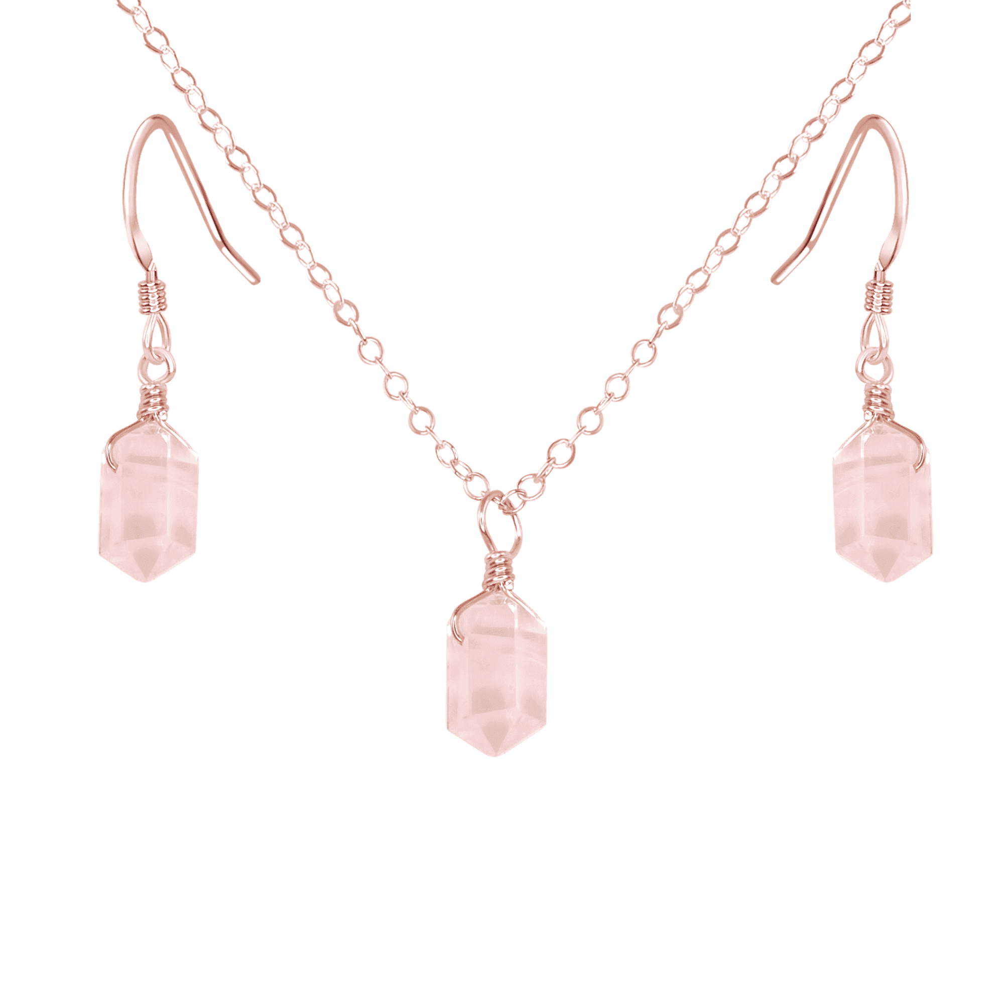 Rose Quartz Mini Double Terminated Crystal Point Earrings & Necklace Set - Rose Quartz Mini Double Terminated Crystal Point Earrings & Necklace Set - 14k Rose Gold Fill - Luna Tide Handmade Crystal Jewellery