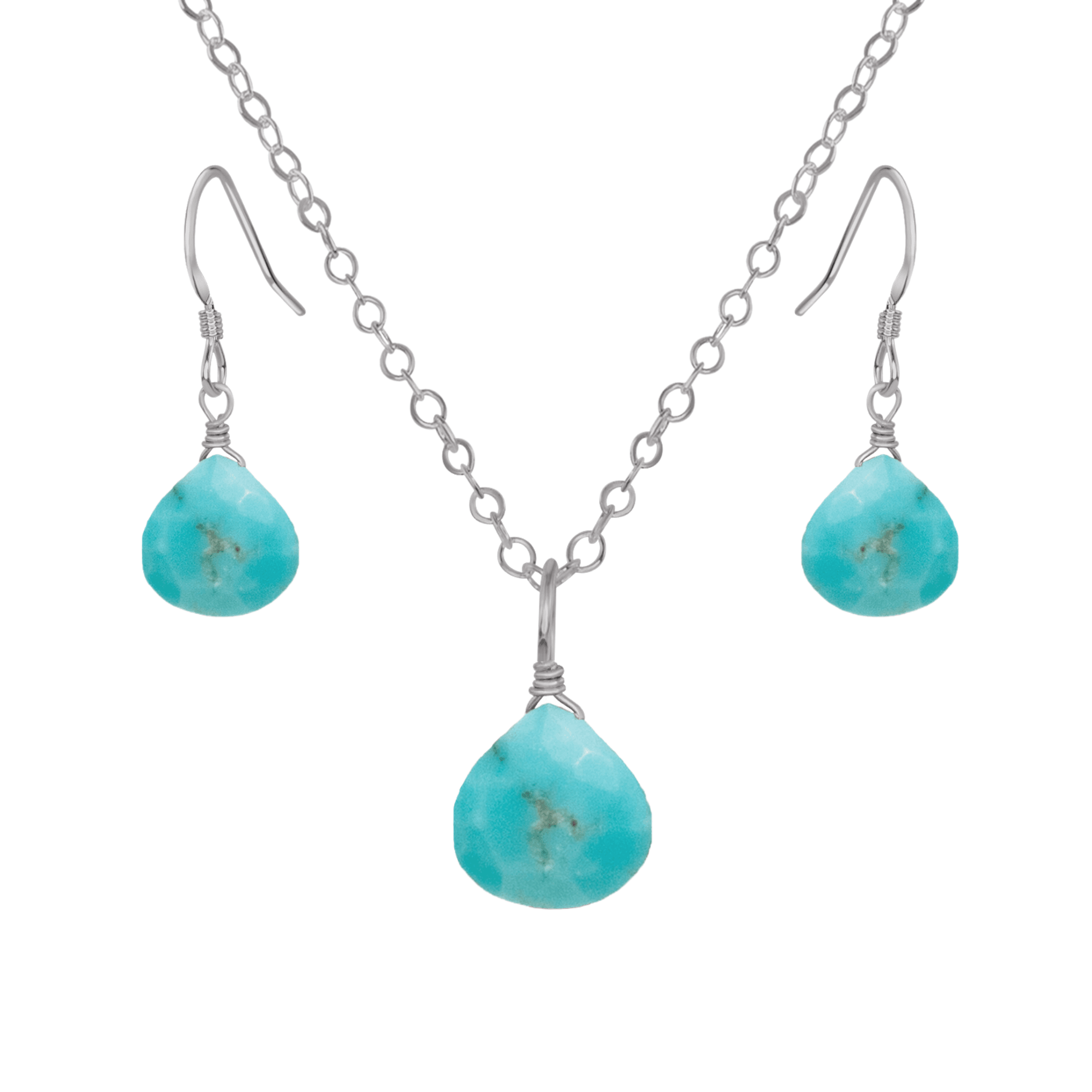 Turquoise Tiny Teardrop Earrings & Necklace Set - Turquoise Tiny Teardrop Earrings & Necklace Set - Stainless Steel / Cable - Luna Tide Handmade Crystal Jewellery