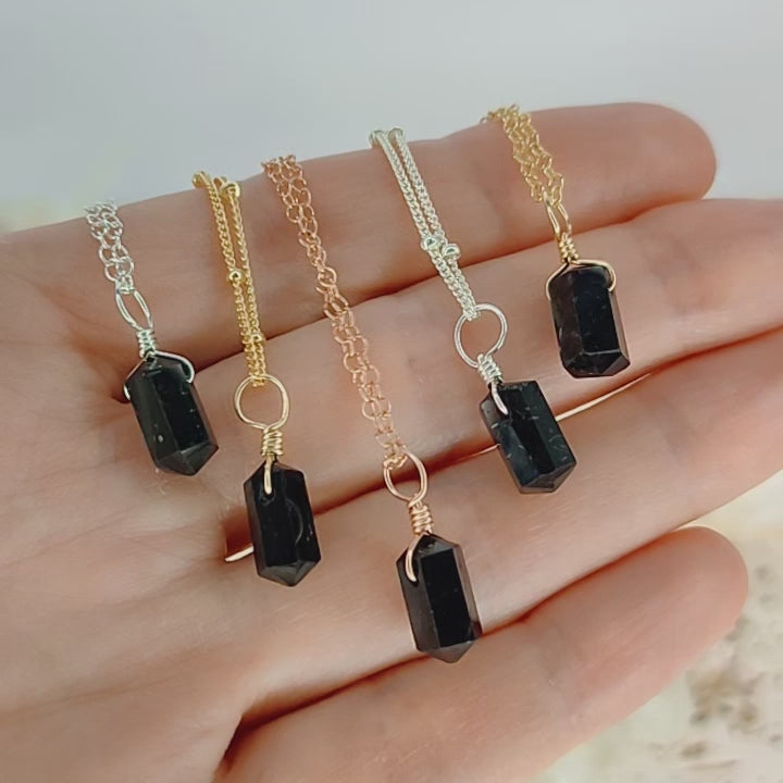 Mini Double Terminated Black Tourmaline Crystal Point Pendant Necklace