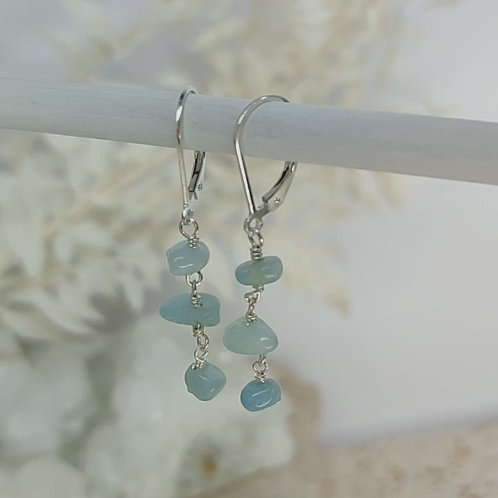 Aquamarine Crystal Beaded Chain Dangle Leverback Earrings